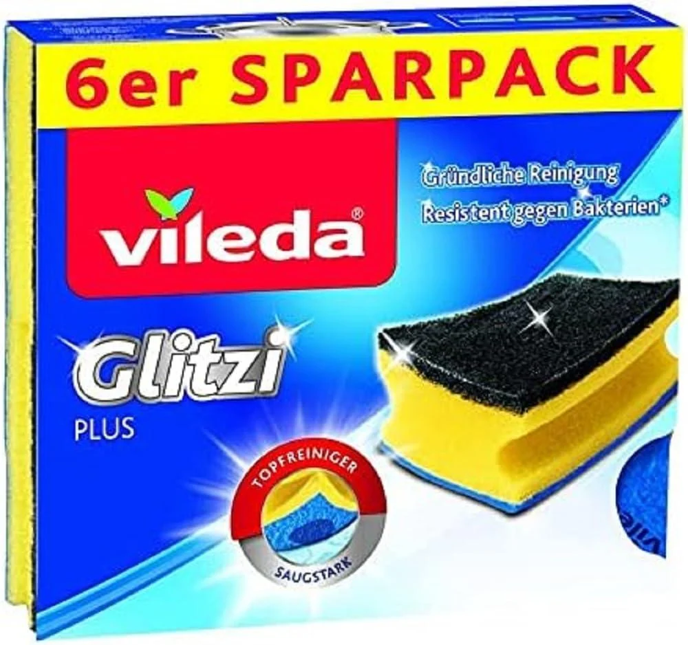 Vileda Glitzi Plus scouring pad with antibac effect against bacteria highly absorbent (6 pieces)