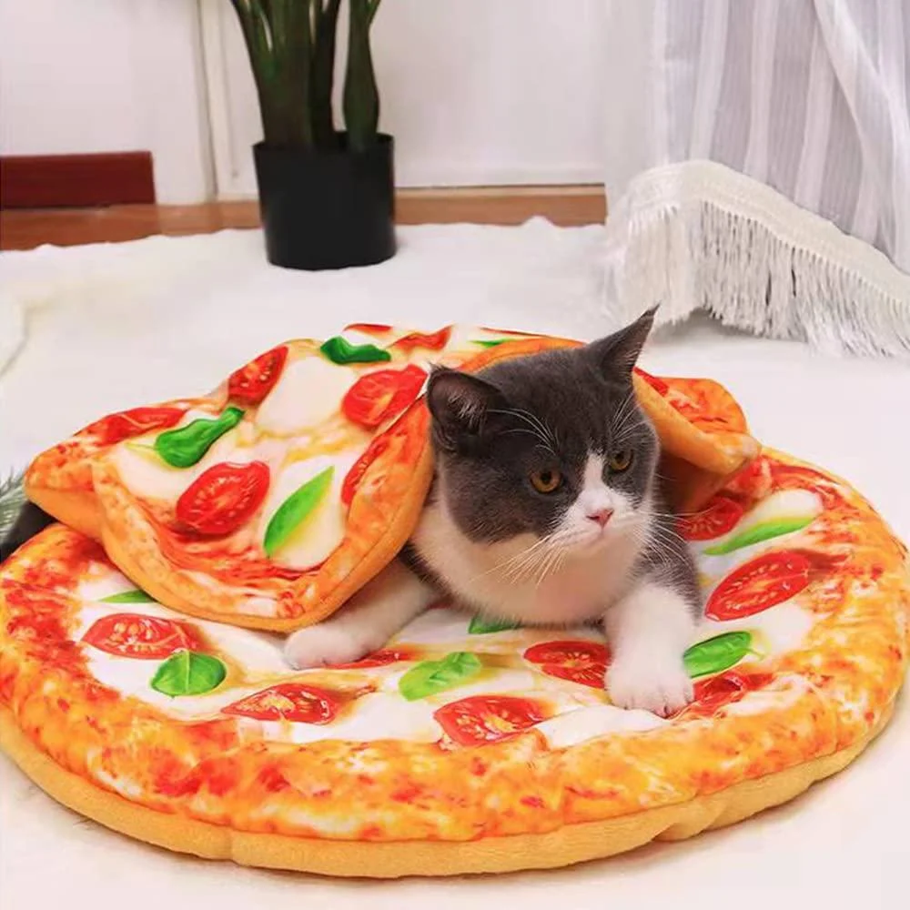 Fld Pizza Pattern Pet Cat 20.8" Round Bed Mats and 15.7" Blanket 2 pcs Set Creative Pets Supplies pisha1