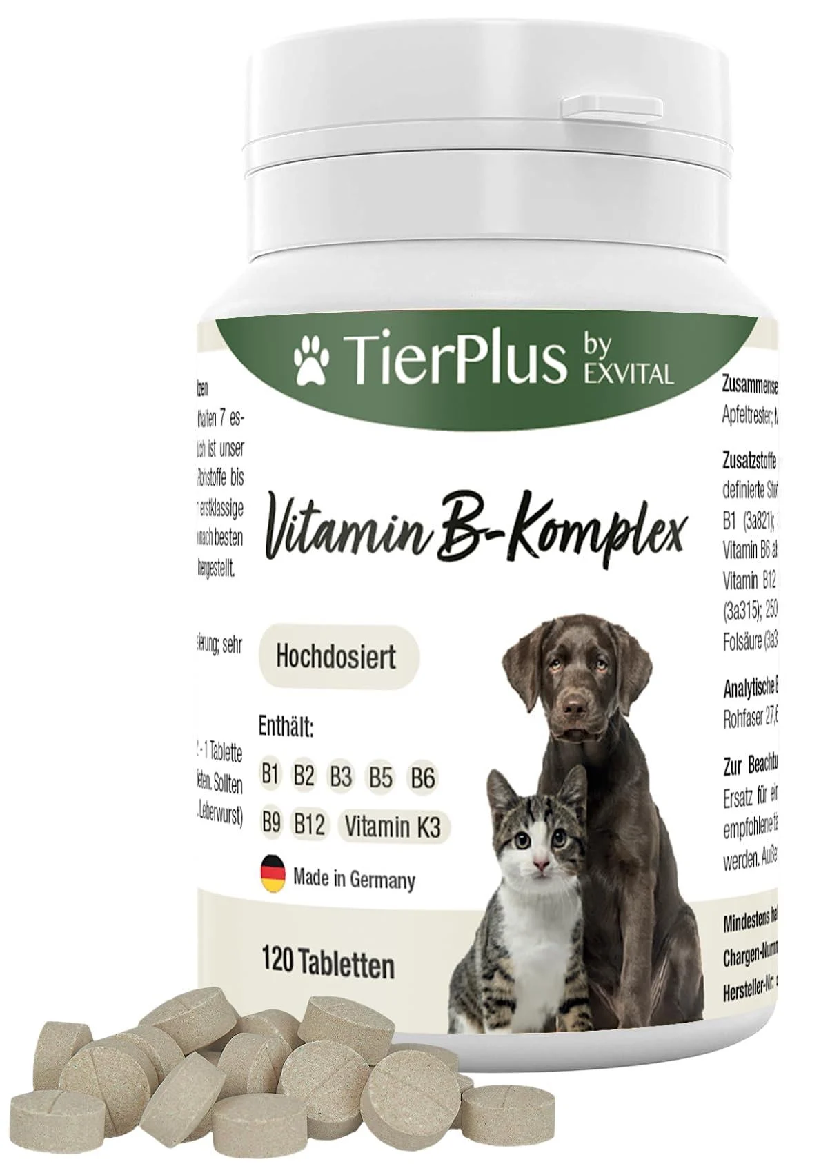 Tierplus Vitamin B Complex for dogs & cats - B1 B2 B3 B5 B6 B9 B12 K3 120 tablets high dosage - Made in Germany