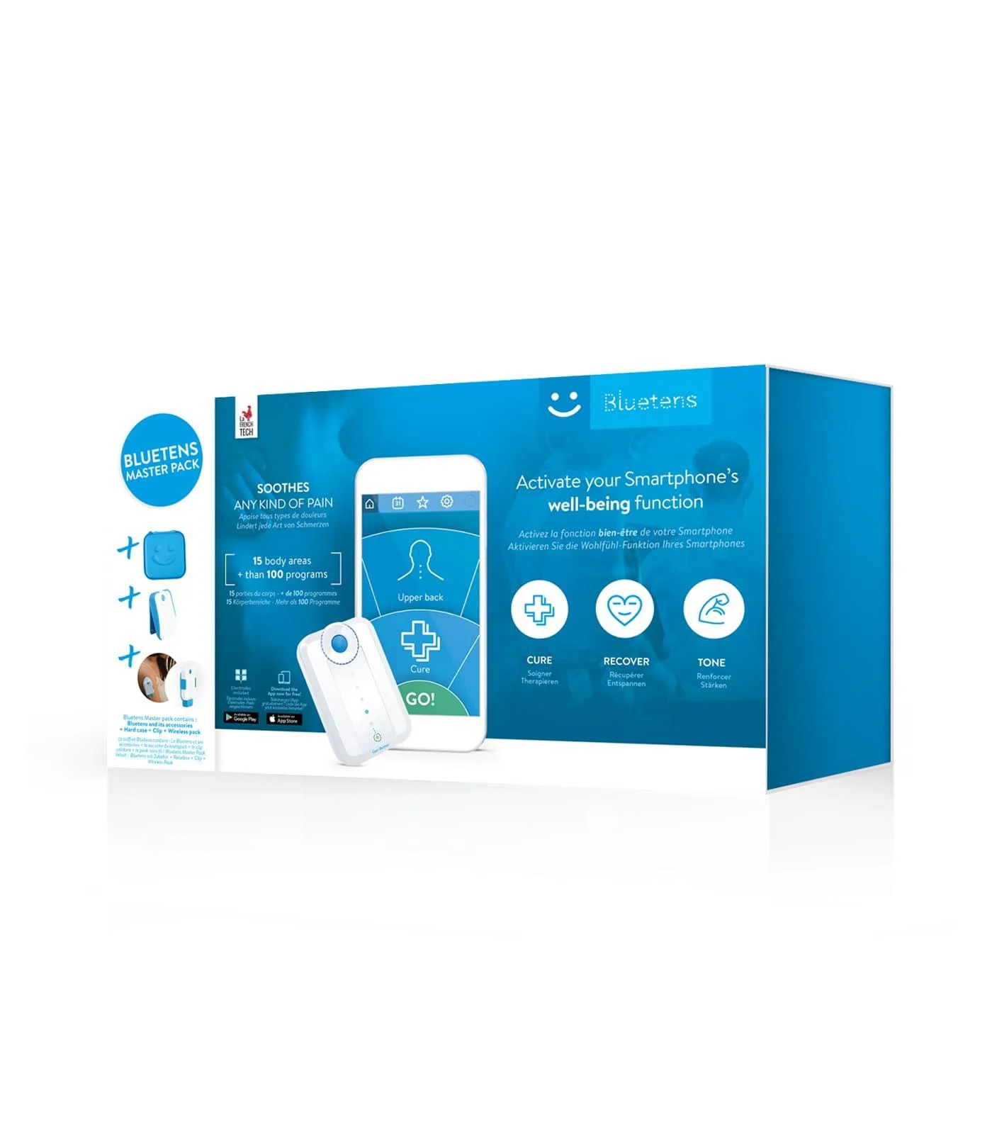 Bluetens Masterpack: Bluetens Classic Electrostimulation device plus comprehensive accessory box TENS / EMS device pain therapy muscle relaxation massage