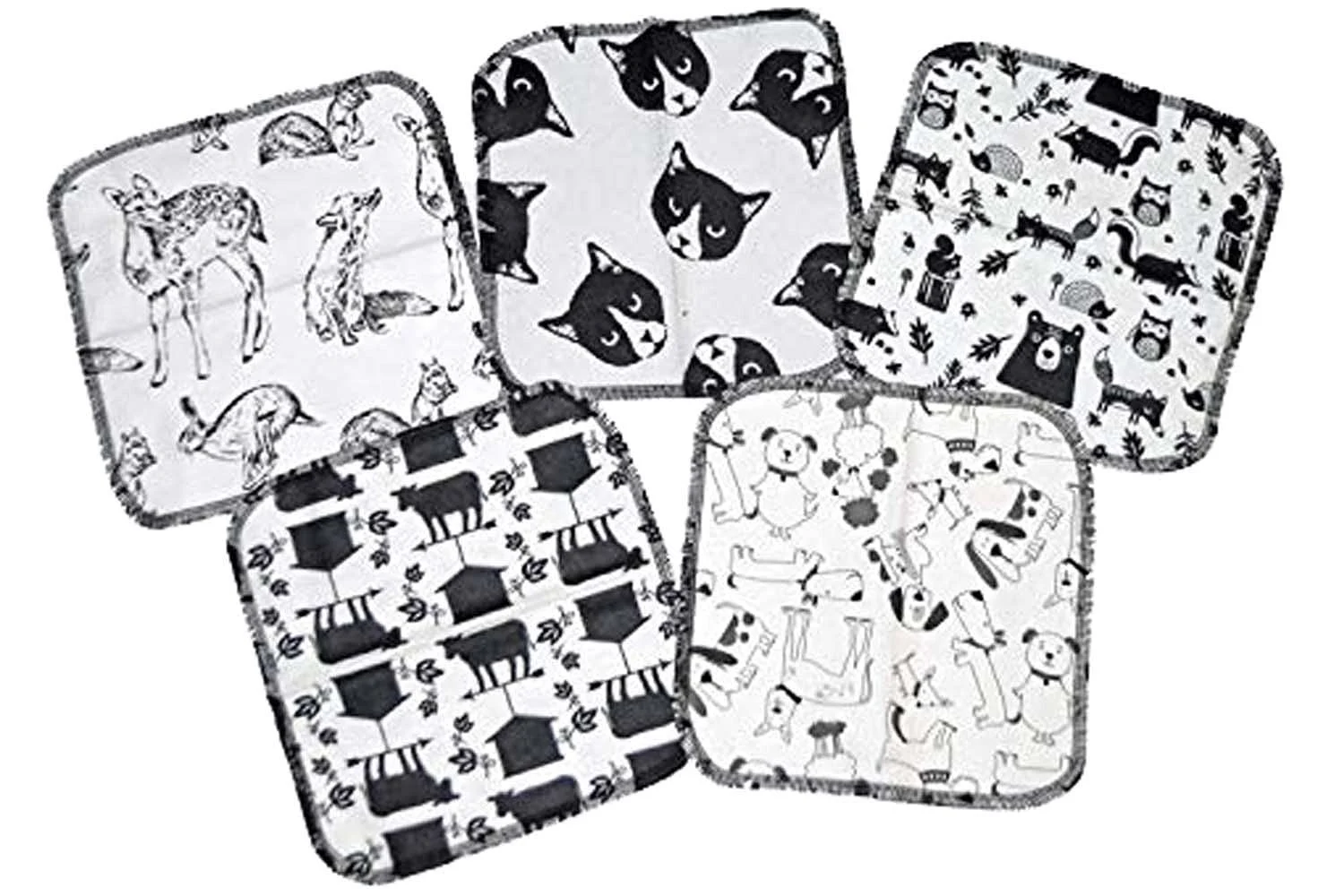 2 Ply Printed Flannel 8x8 Inches Set of 5 Little Wipes Black and White Animals - Gina's Soft Cloth Shop