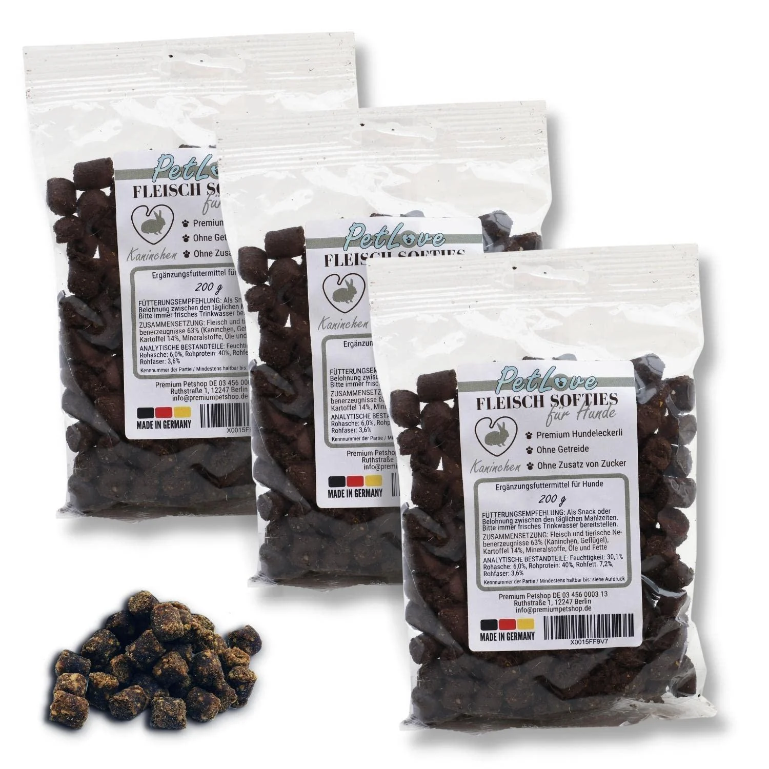 Petlove meat softies for dogs Hundeleckerli without grain 63% meat content Dog treats for training rabbits (3x200g) rabbit 3x200g