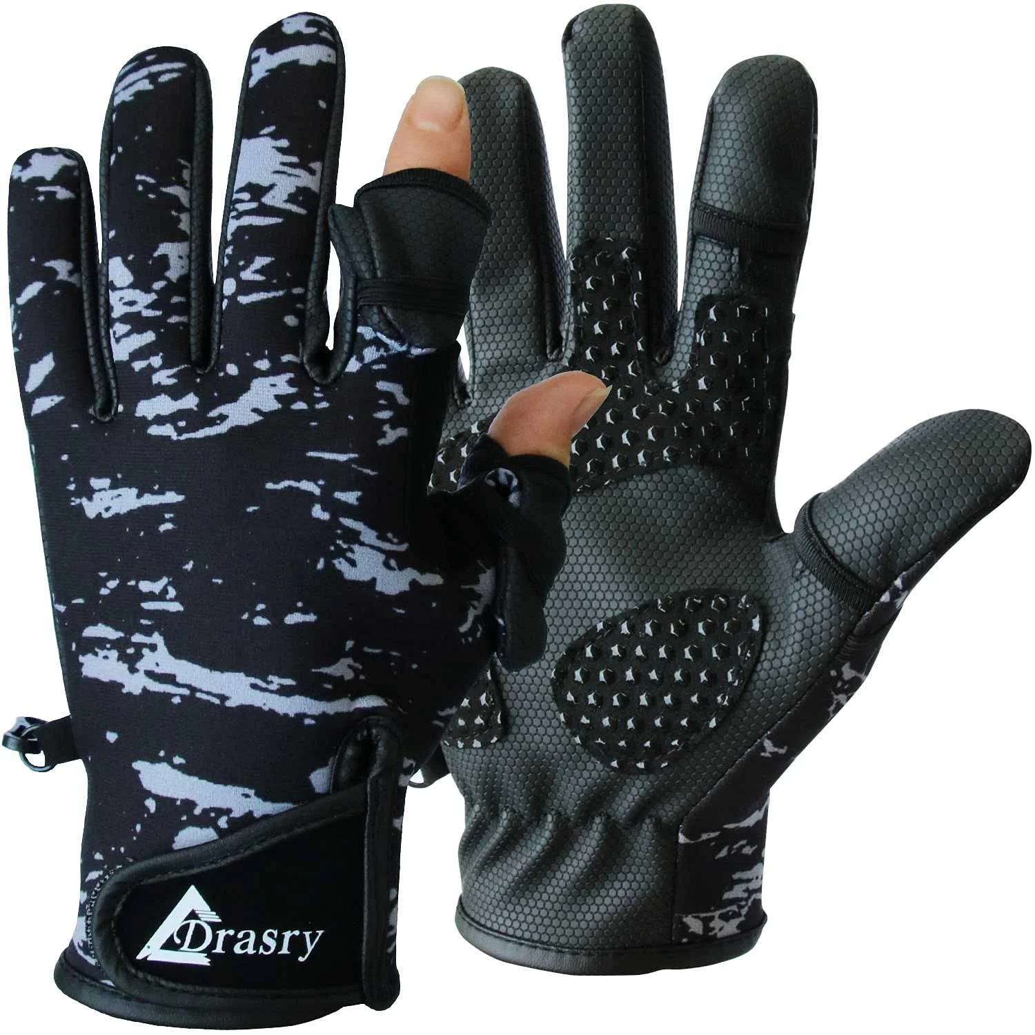 Drasry Touchscreen Fishing Gloves Two-Finger Cut Suitable for 46 to 86 Neoprene Reinforced Non-Slip Waterproof Gloves for Fly Fishing Photography Hiking Jogging Cycling Walking Black-Gray Medium