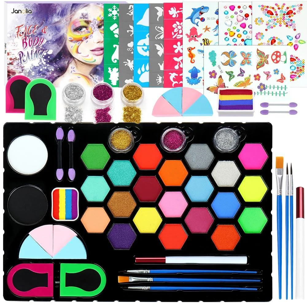 Janolia Face Painting Kit for Kids Water Based Face Paint 23 Colors Body Paint Face Paint Palette Face Paint Makeup for Halloween Carnival Easter Cosplay Party Ideal Facepaint Makeup Kit for Kids