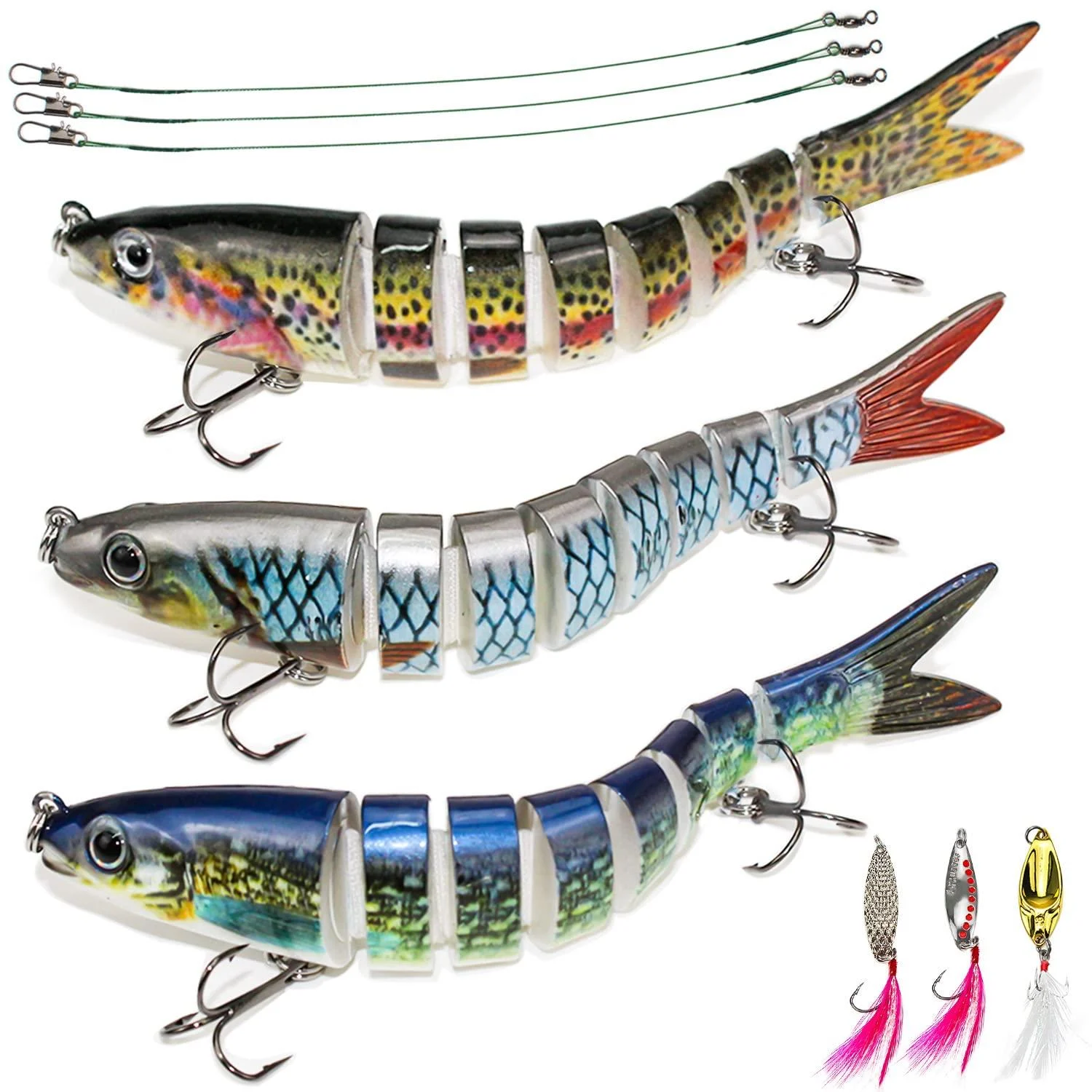Fishing bait artificial bait wobbler swimbait set 3stk fishing accessories multi joint -like jerkbait for pikeperch perch trout fresh water salt water with 3 metal mills glowing sequins bait