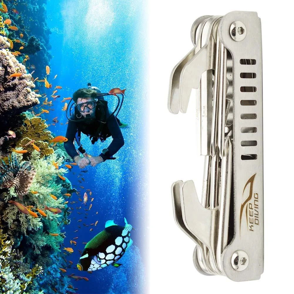 GEZICHTA Diving Repair Multi Tool,13 in 1 Professional Stainless Steel Folding Scuba Toolpack Repair Multi Tool Diver Tool Kit for Diving Snorkeling Silver