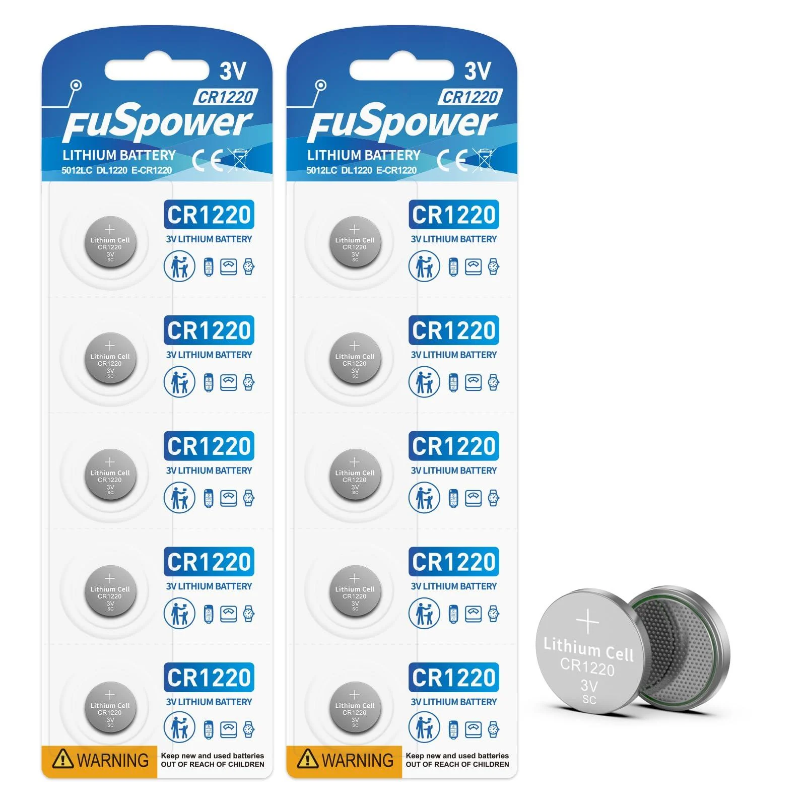 CR1220 3V Lithium Battery ECR1220 DL1220 5012LC 1220 3V Lithium Coin Cell Batteries for Watch(10pcs) - Fuspower