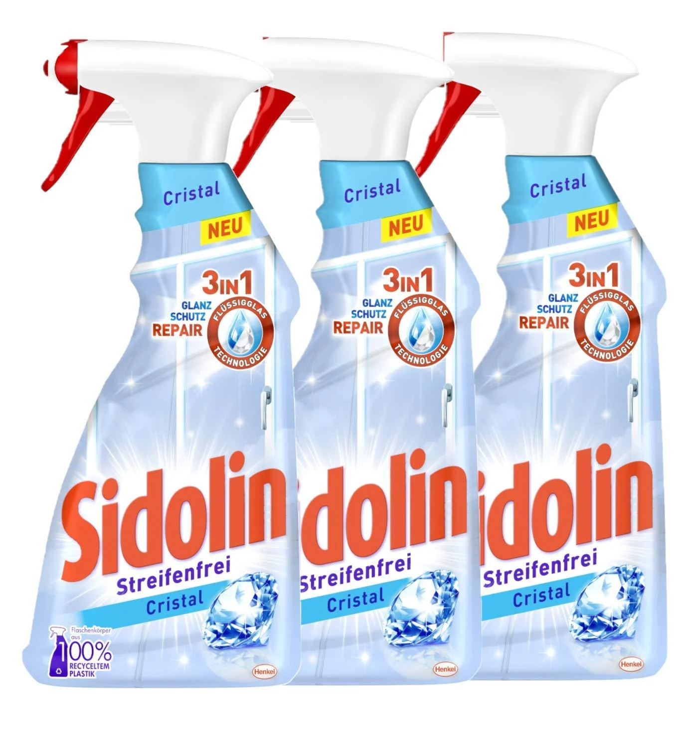 Sidolin Cristal glass cleaner 3x spray bottle for a perfect shine and against microcracks (3x500ml)