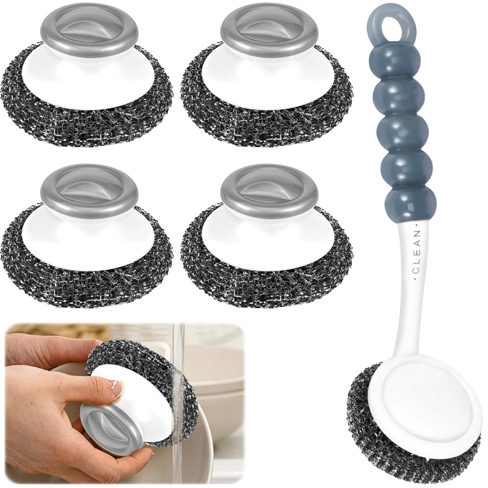 Stainless Steel Scrubber with Handle Multifunctional Steel Scouring Pads Rustproof Stainless Steel Sponges Portable Dish Scrubbers Reusable Utensil Scrubber for Home Kitchen Pot Pan(5pcs) - LUCKQUE