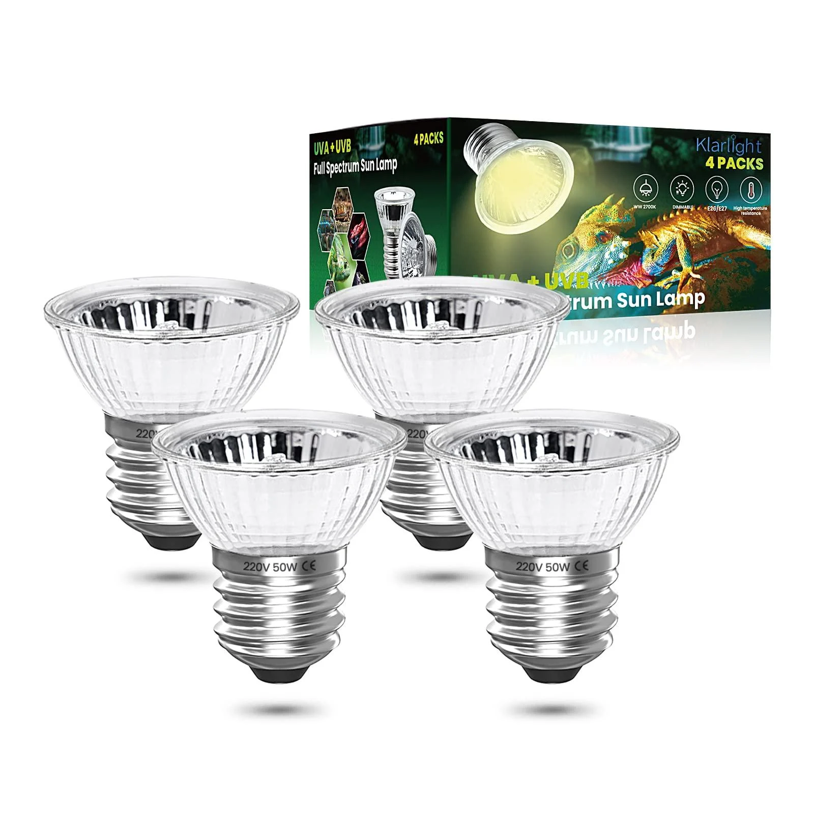 Klarlight 4 Pack Turtle Halogen Bulb 50W E27 UVA UVB Backlight Heater Bulbs for Reptile Lizard Water Turtles Spiders Frogs
