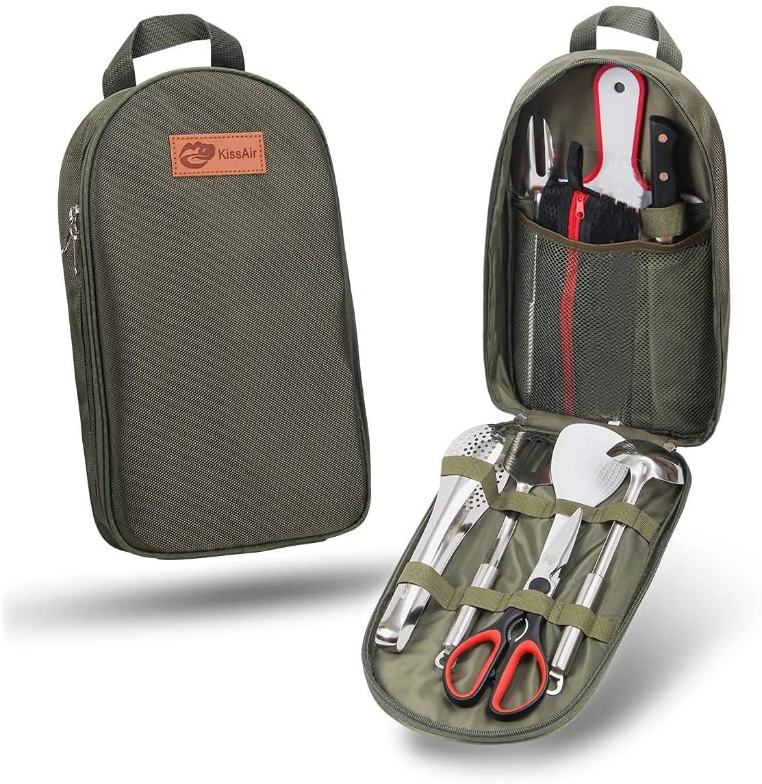 KissAir Portable Camp Kitchen Utensil Organizer Set BBQ Camping Cookware Utensils Travel Kit with Flatware|Water Resistant Case|Cutting Board|Rice Paddle|Tongs|Scissors (Army Green)