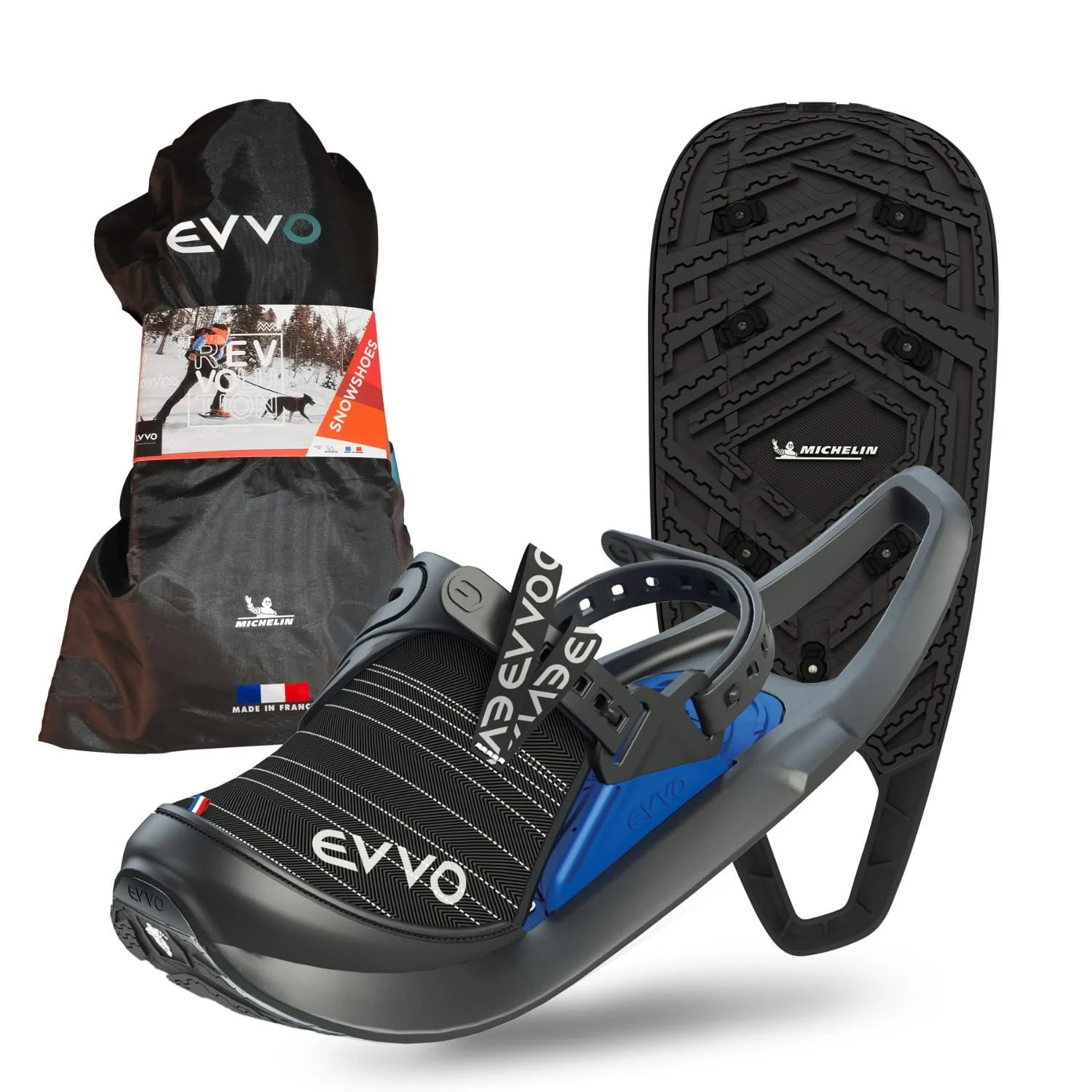 EVVO - original - snowshoe Michelin sole with lamella tunnels and IceSpike Techology.Adjustable ties for men and women with transport bag all terrain black / blue L (EU 42 - 48)