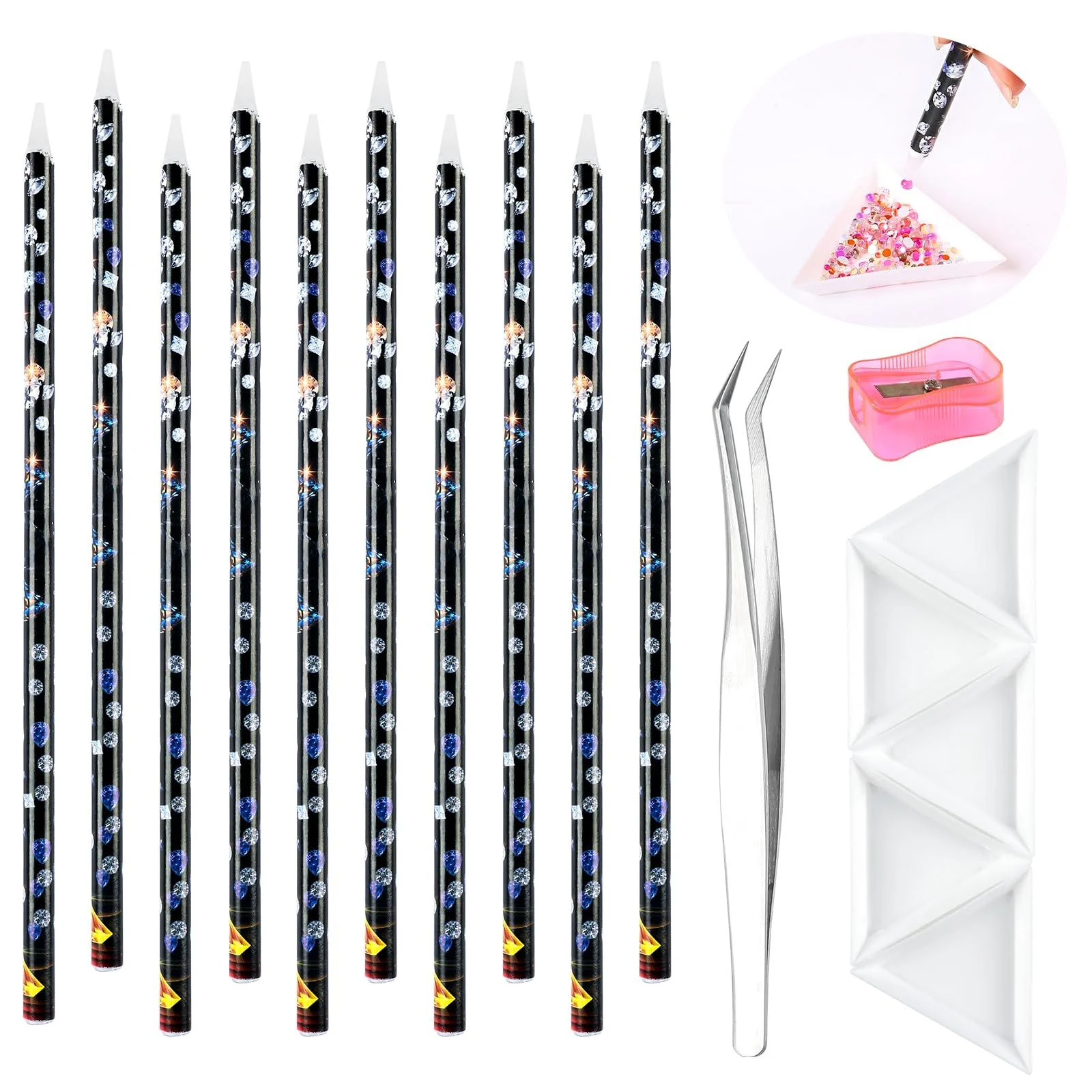 10 Pencil for Rhinestones Pick up Wax Rhinestone Picker Tool Pencil Nail Dotting Applicator White Bead Sorting Tray Triangular Plate 1 Pencil Sharpener 1 Tweezers for Nail Art DIY - BOMOQING