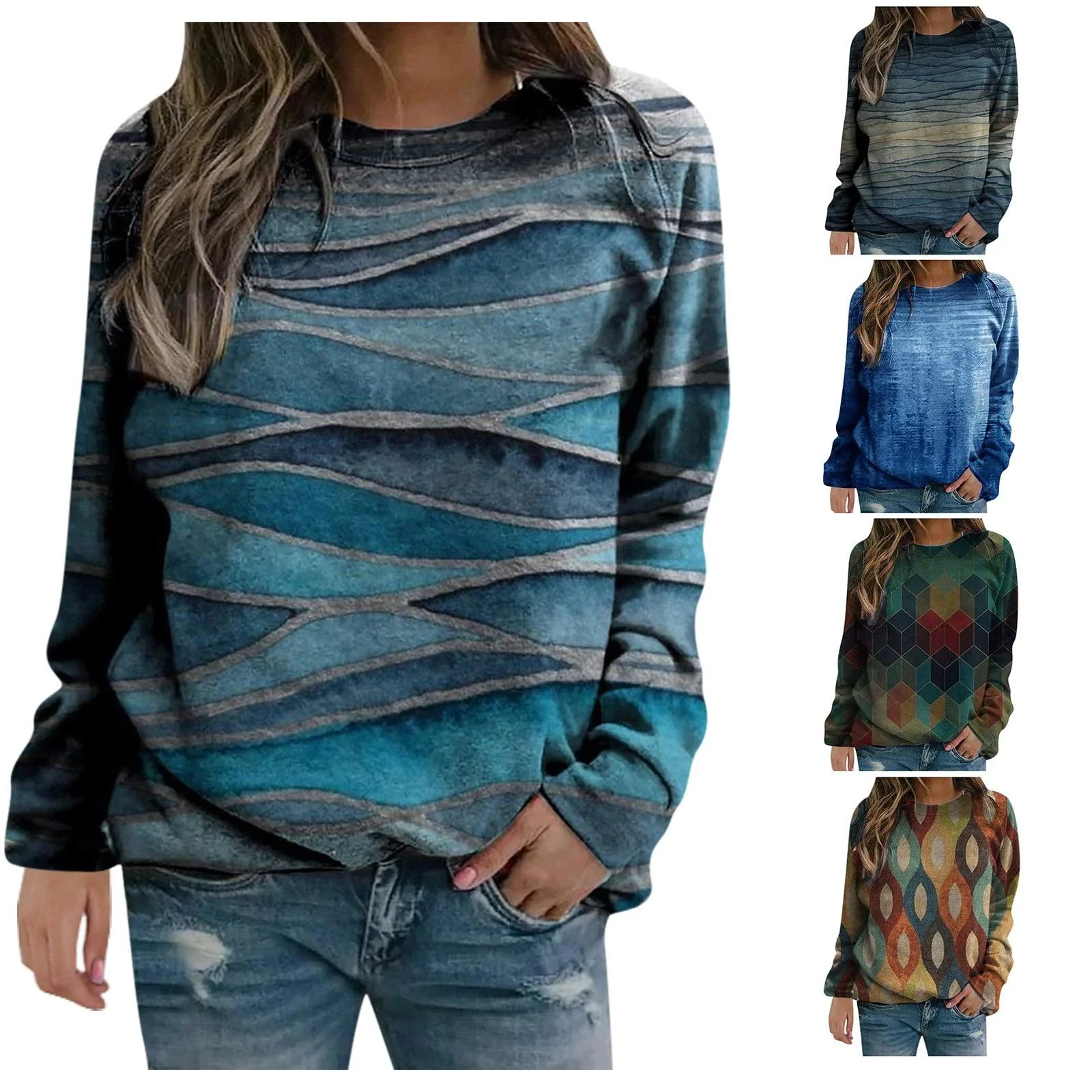AMIMOJY Crewneck Sweatshirts for Women Casual Print Long Sleeve Shirts Fall Pullover Tops A-blue XX-Large