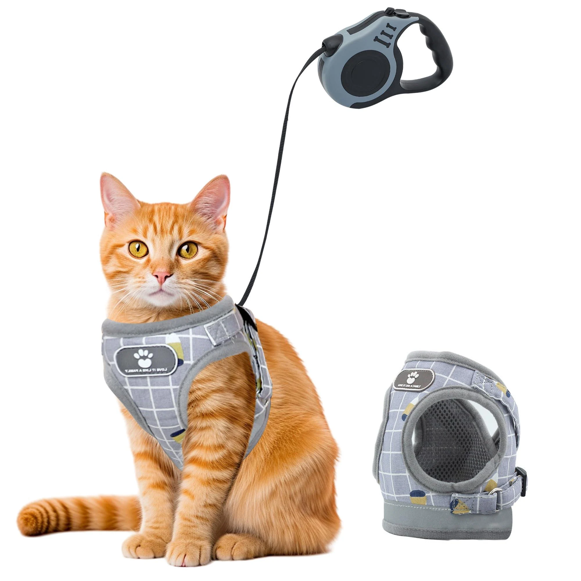 Cat Harness and Lead Set Adjustable Kitten Harness and 5m/16.4 Ft Retractable Lead Set with Reflective Strips Escape-Proof Soft Breathable Cat Vest Harness with Leash Sets for Cats Dogs Walking (M)
