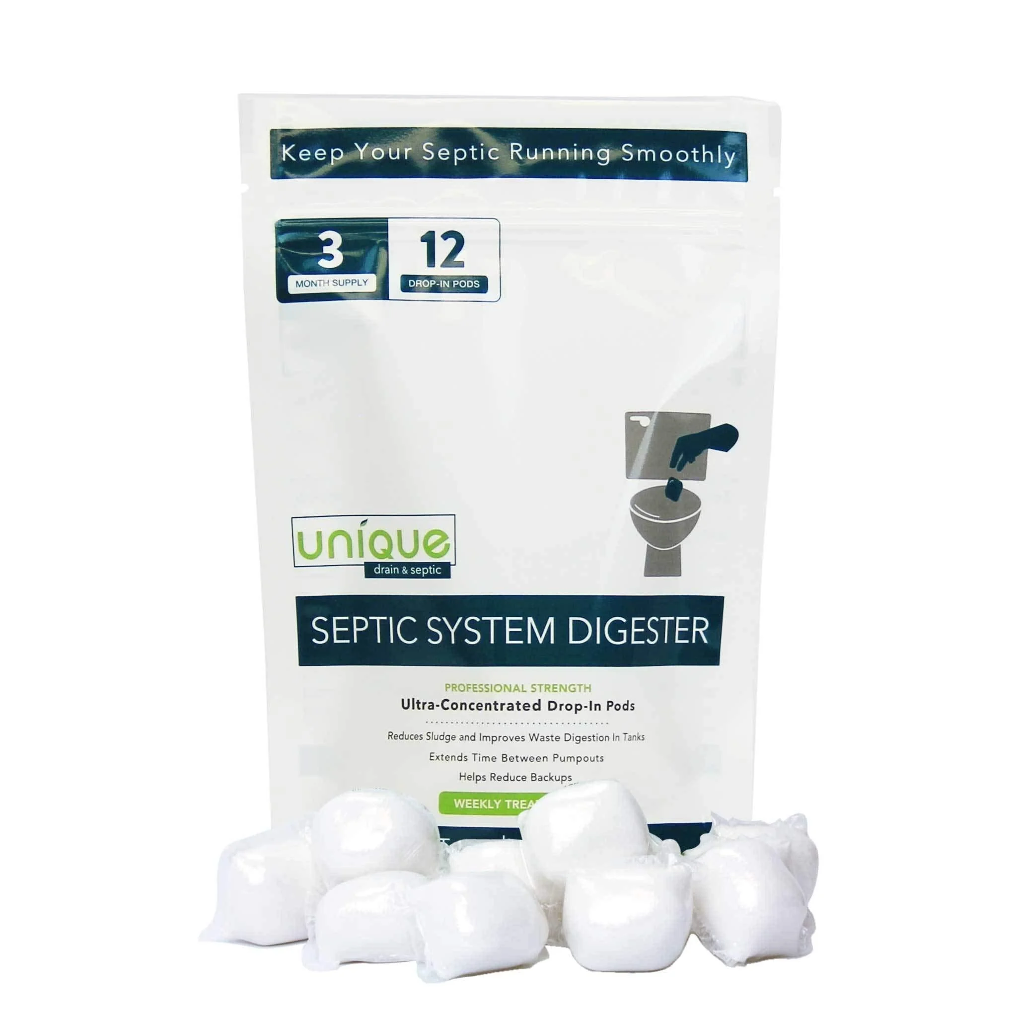 Unique Septic System Digester Drop-in Pods for Household Use Pack of 12 Septic Tank Treatment Packets for 3-Month Supply Helps Prevent Sewage Back-Ups Clogs Odors