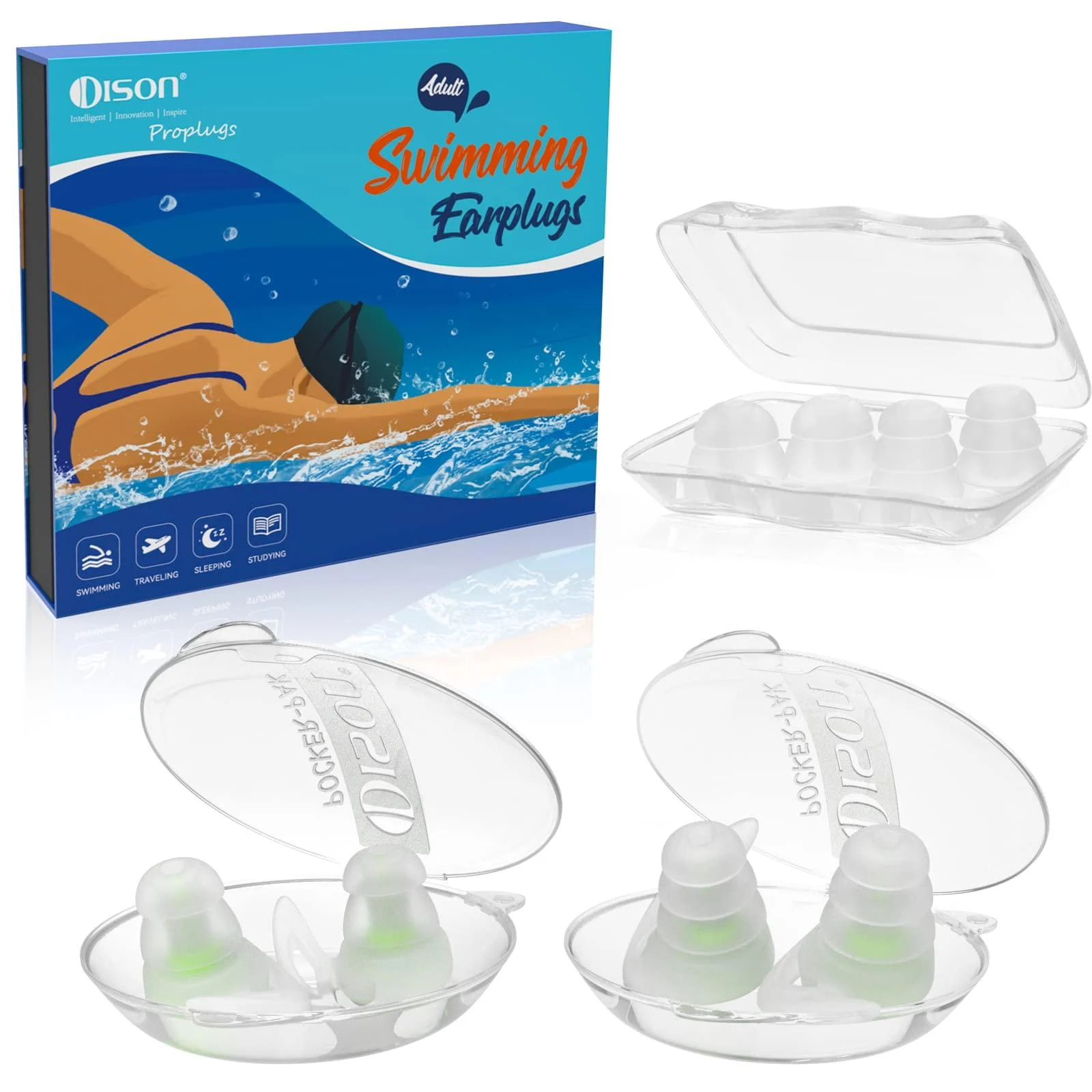 Dison Swimming Ear Plugs Silicone Waterproof Earplugs for Swimming Adult Green