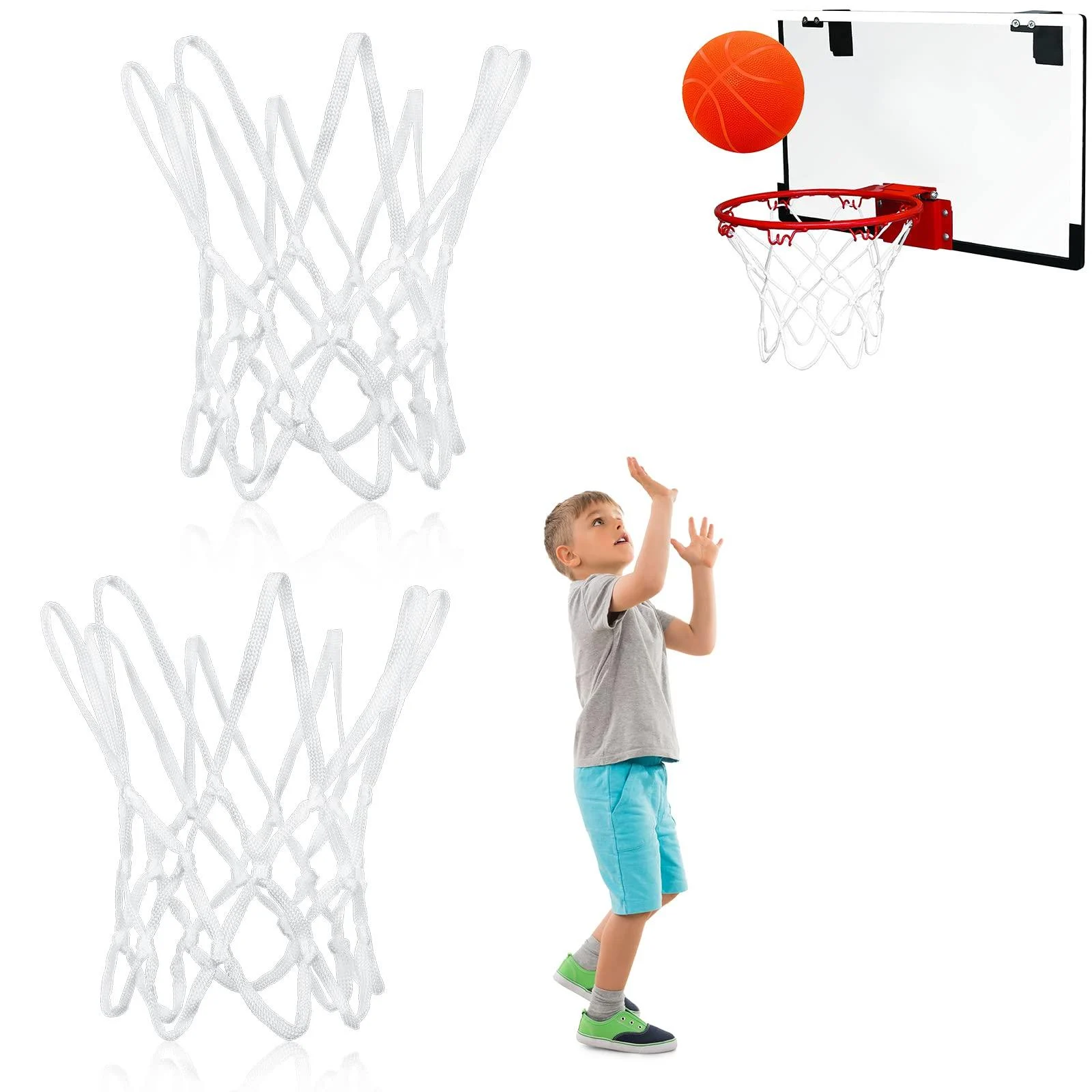 2 Packs Mini Basketball Net Replacement Nylon Little Tikes Basketball Net Sports Basketball Hoop Net Outdoor Indoor Anti Whip Basketball Net for Kids Activity Supplies 8 Loops White - Deekin