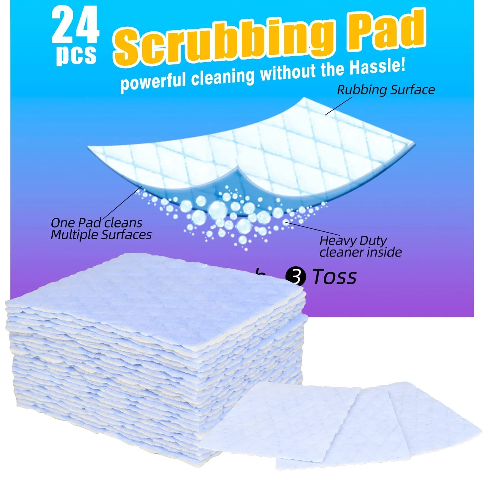 Light Scouring Pad with Foam, Triple Cleaning Heavy Duty Household Scour Pads Non-Scratch General Purpose Hand Pad Magic Sponge Eraser Sheets-24 Pack 24 PCS