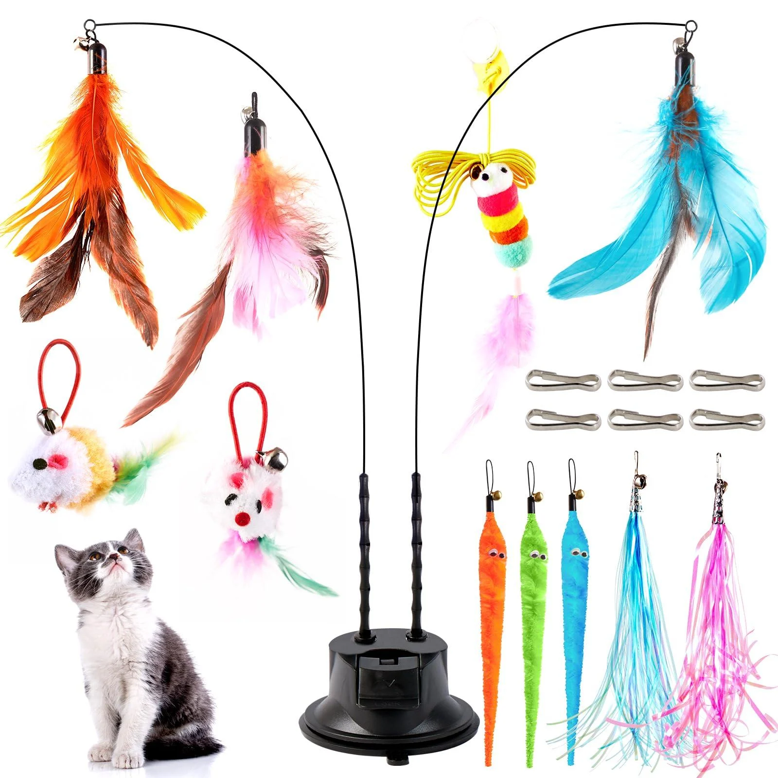 Easy Joy 14 pieces of interactive cat toys cat fishing with double-hole-suction 2 cat sticks 11 interchangeable toys flying bird cat toys for small and large cats double hole suction coin style