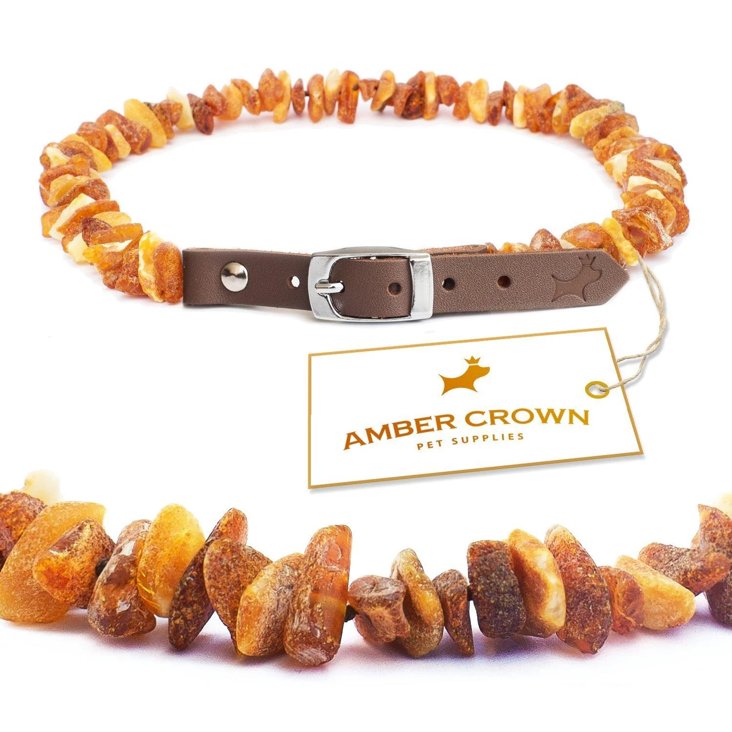 Amber necklace for dogs and cats with leather clasp against ticks and fleas 55-60cm