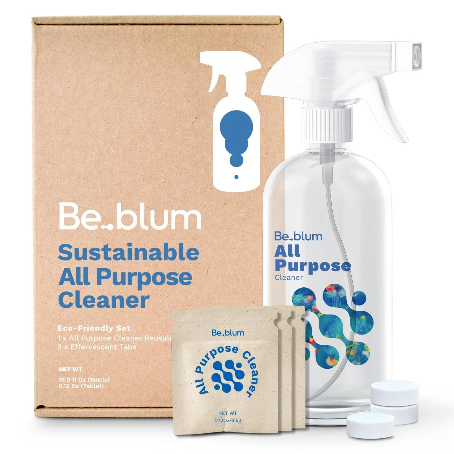 All-Purpose Cleaning Kit | 1 Reusable 16.9 oz Bottle with 3 Effervescent Cleaning Tablets Eco-Friendly Family-Safe Cleaner for Home & Kitchen