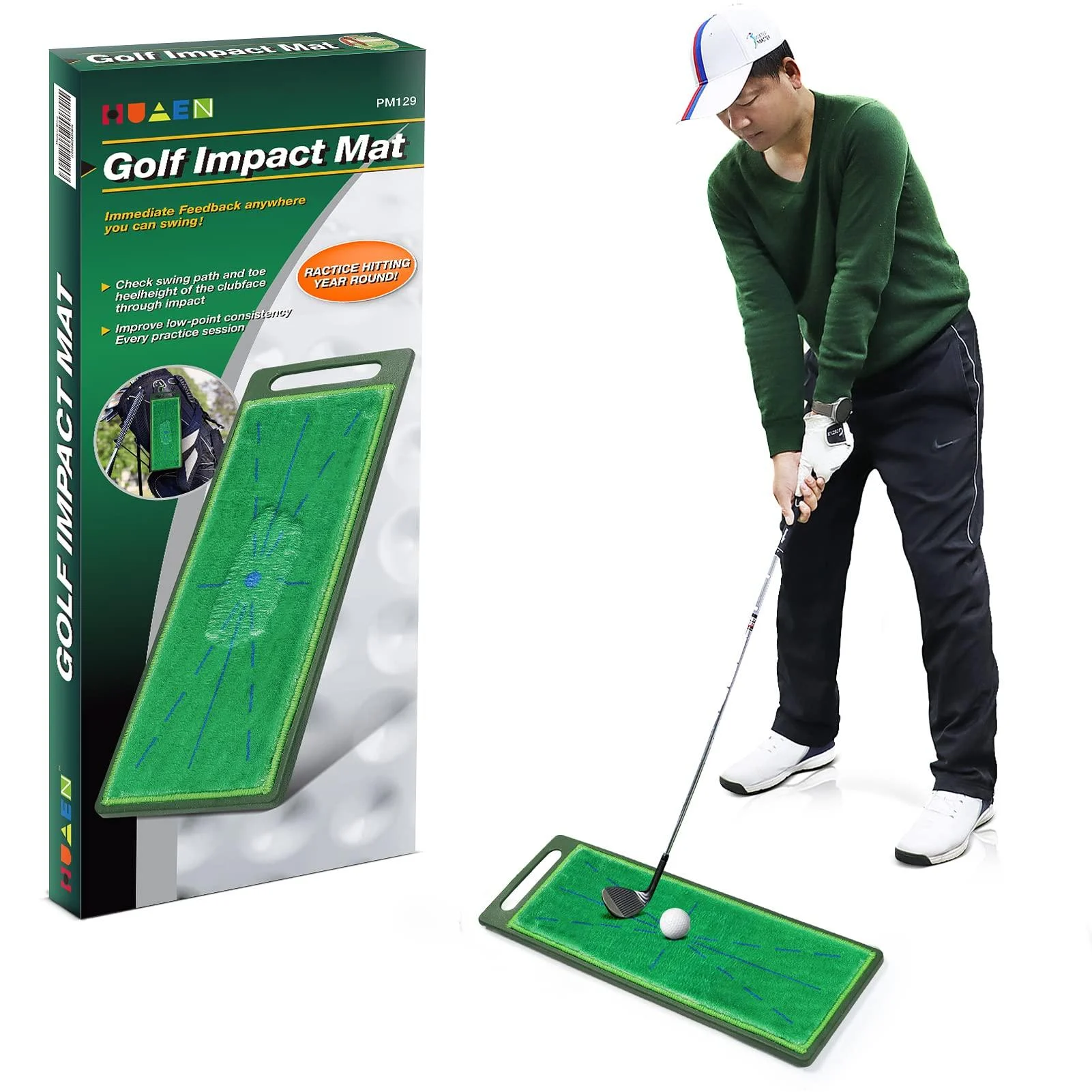 Golf Hitting Mat ,Golf Training Mat, Swing Detection Batting, Analysis & Correct Your Swing Path, or Golf Hitting Mat, Advanced Guide and Rubber Backing Golf Hitting Mat, Golf Practice Grass Mat for Indoor/Outdoor 17" x 6" x 1" - HUAEN
