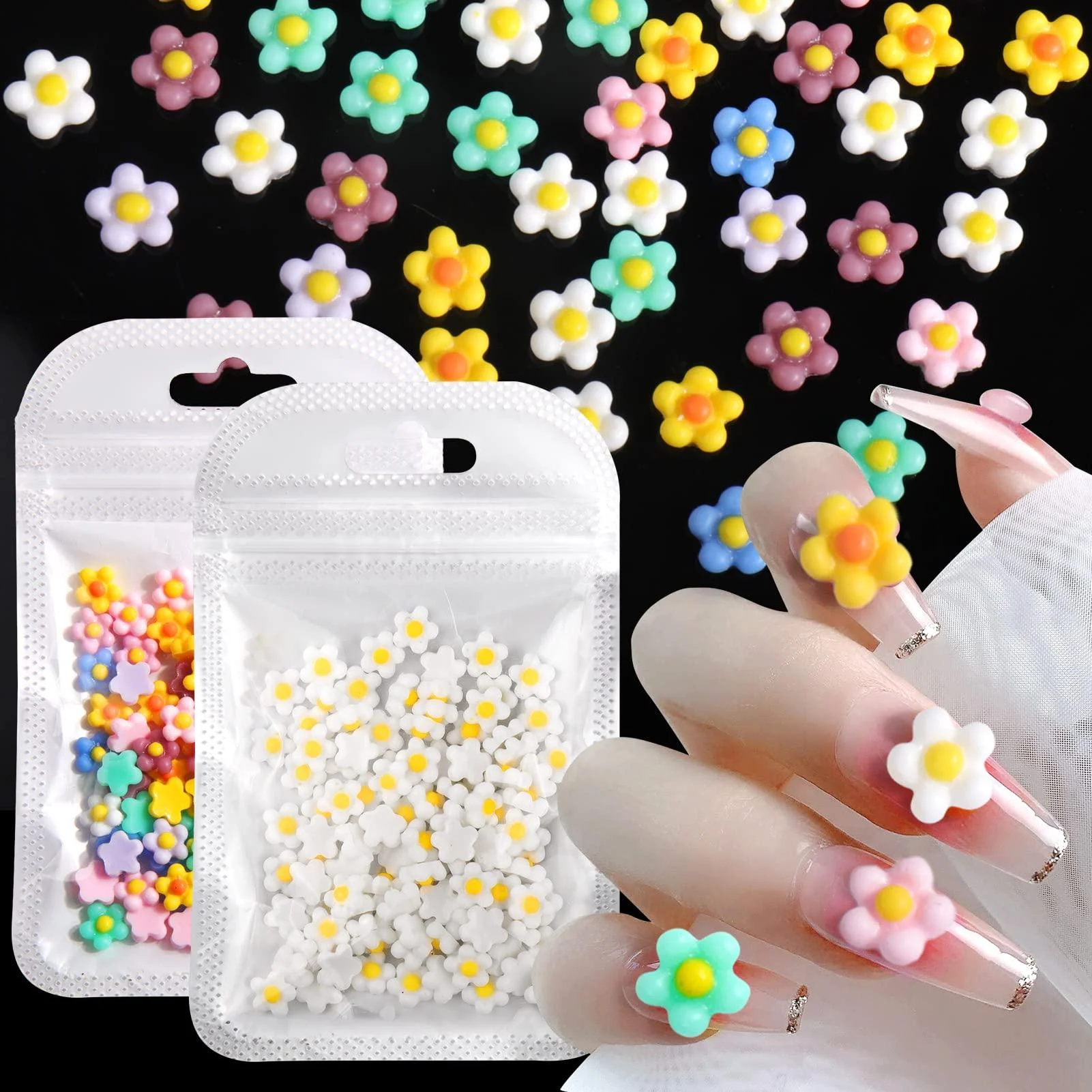AIERSA Daisy Nail Charms 200 Pcs 3D Flower Nail Charms for Acrylic Nails Kawaii Resin Daisy Nail Art Decorations