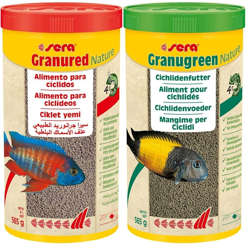 Sera Granured Nature 1 000 ml (565 g) - Main feed for smaller carnivore Cichliden Malawi & Tanganjika Food & Granugreen Nature 1 000 ml (565 g) - main feed for East African Cichlids 1 L (2 -pack) Granulat bundle with Granugreen Nature Green
