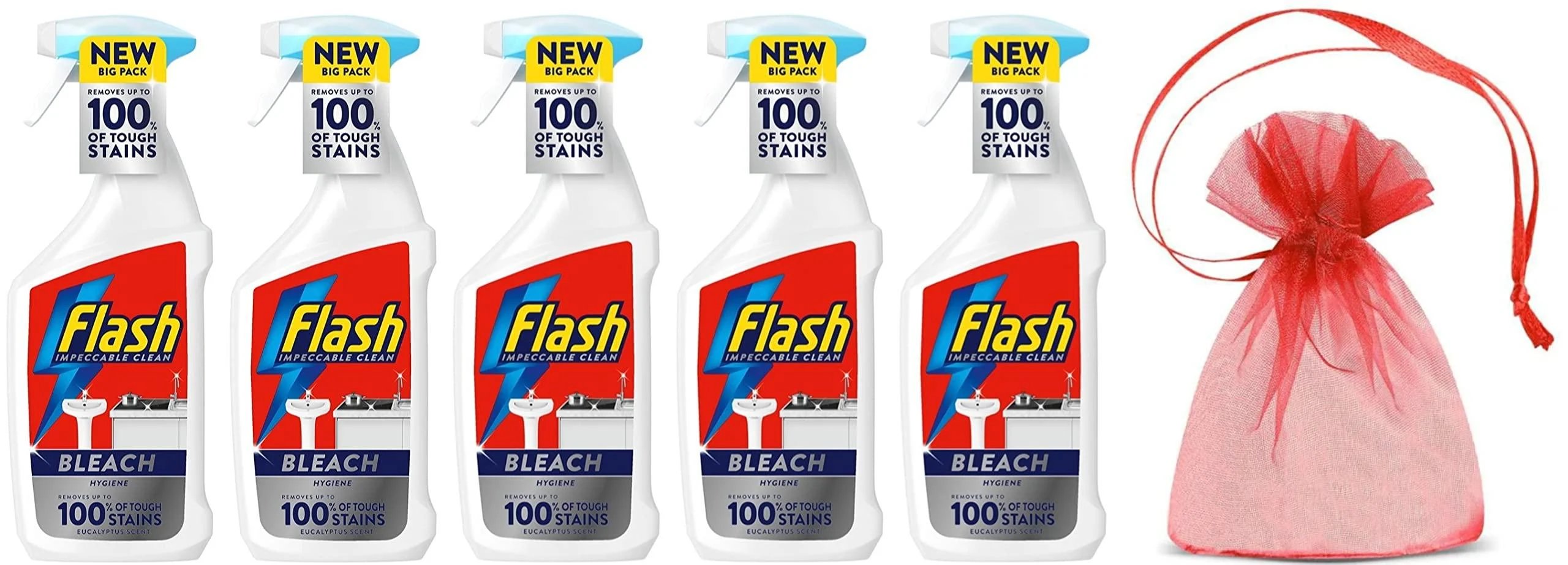 Flash with Bleach Multi Purpose Cleaning Spray Eucalyptus Scent 5Pk x 800ml + Our Gift for You: Organza Bag Size 9x7x0.1cm - Generic