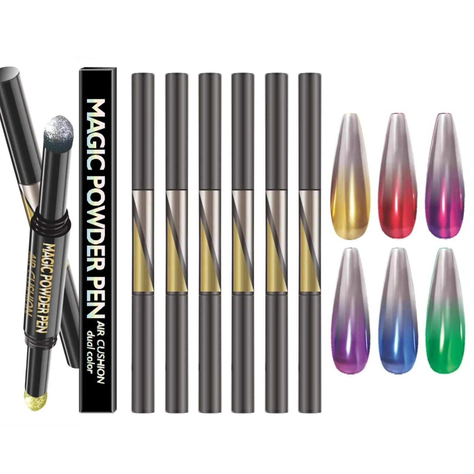 6pcs Double Head Air Cushion Pen 12 colors Chrome Nail Powder Kit Holographic Nail Powder Sponge Stick Mirror Effect Nail Polish Pens Acrylic Nail Powder#A A004# - FantasyDay