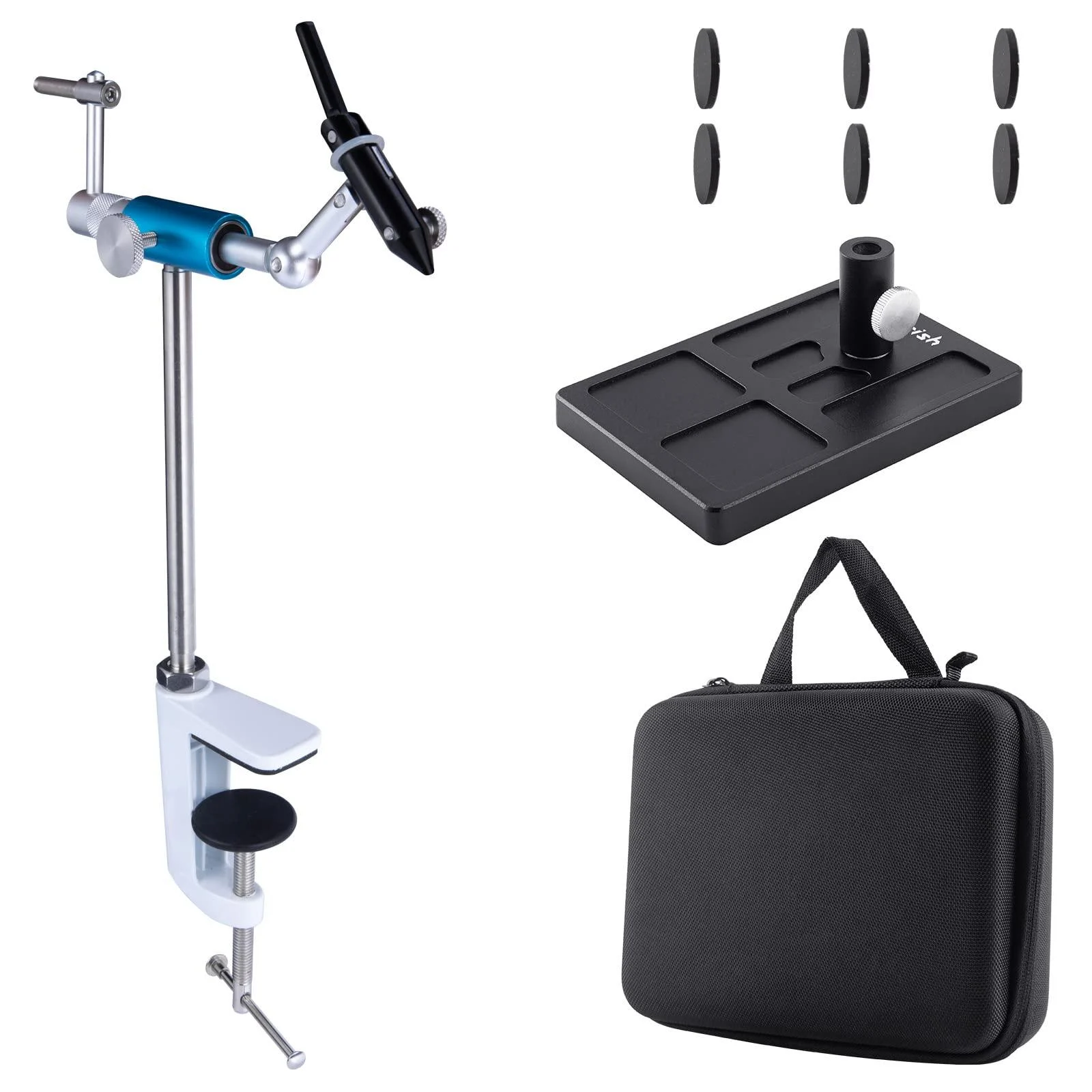 Dr.Fish Rotary Fly Tying Vise Aluminum Alloy Fly Vise with Portable Case 360 Degree Rotation Ultra Light Fly Tying Tools Jig Tying Vise C-Clamp Mount Flexible Fly Fishing Vise Kit Tying Vise Pedestal Base and Case