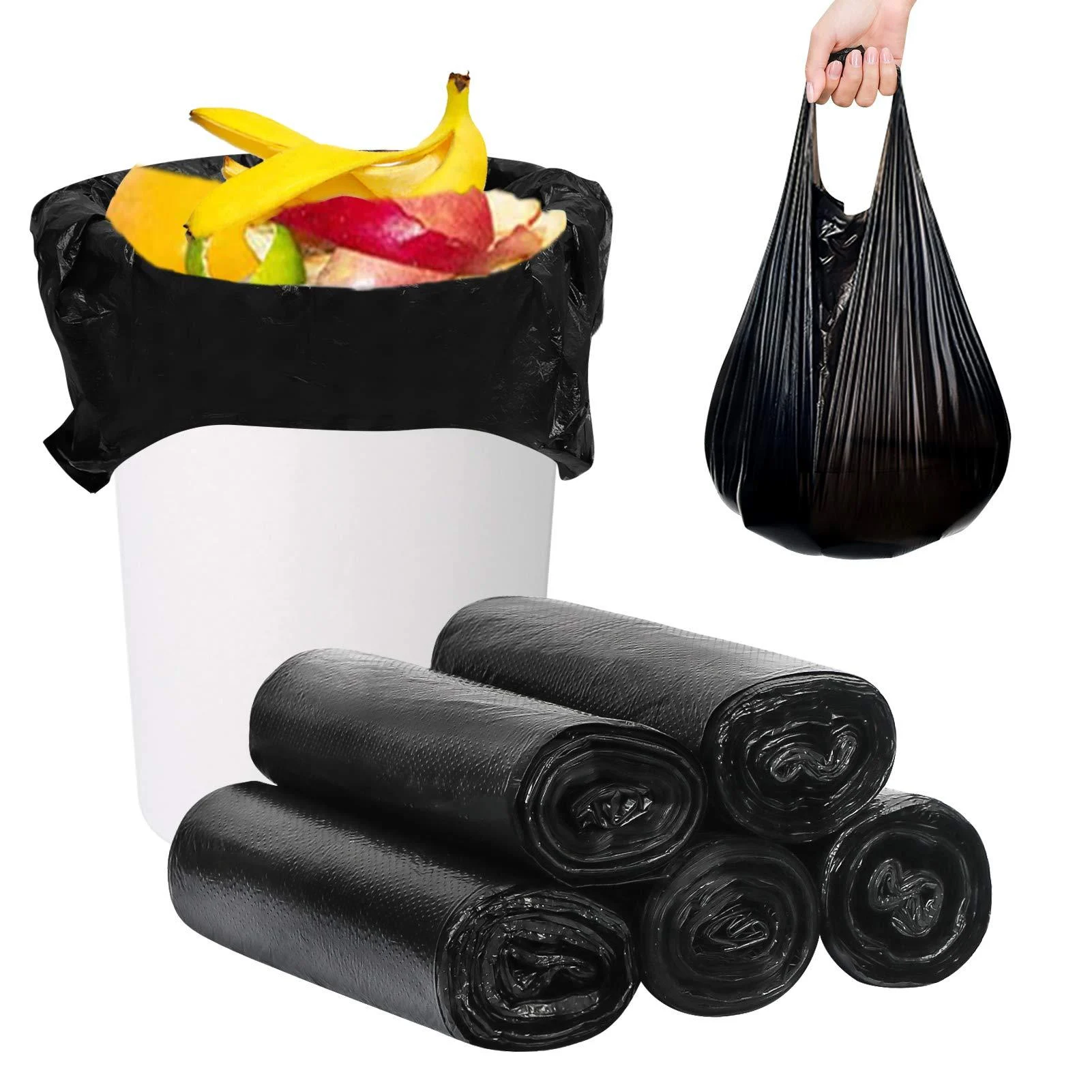Fyy garbage bags garbage bags with a handle waste bags | 5 roll |100 pieces |6 gallons waste bag garbage bags garbage bags for bathroom kitchen bedroom toilet office black 52*70 cm-6 gallons (black)