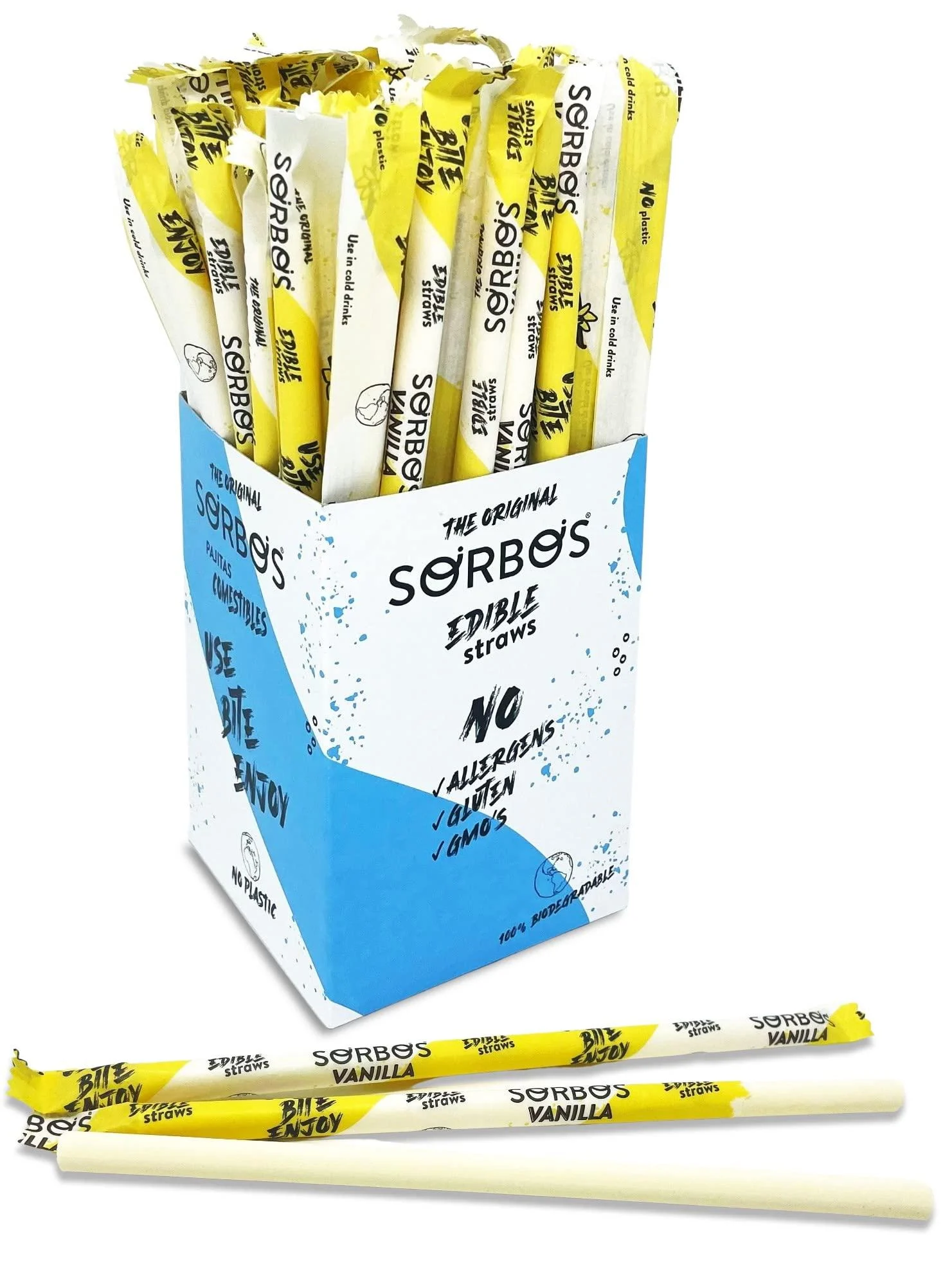 Sorbos Edible Straws Vanilla Flavored Sustainable Individually Packaged No Plastic No Allergens No Gluten Eco Friendly 7.4 inches long (Pack of 200)