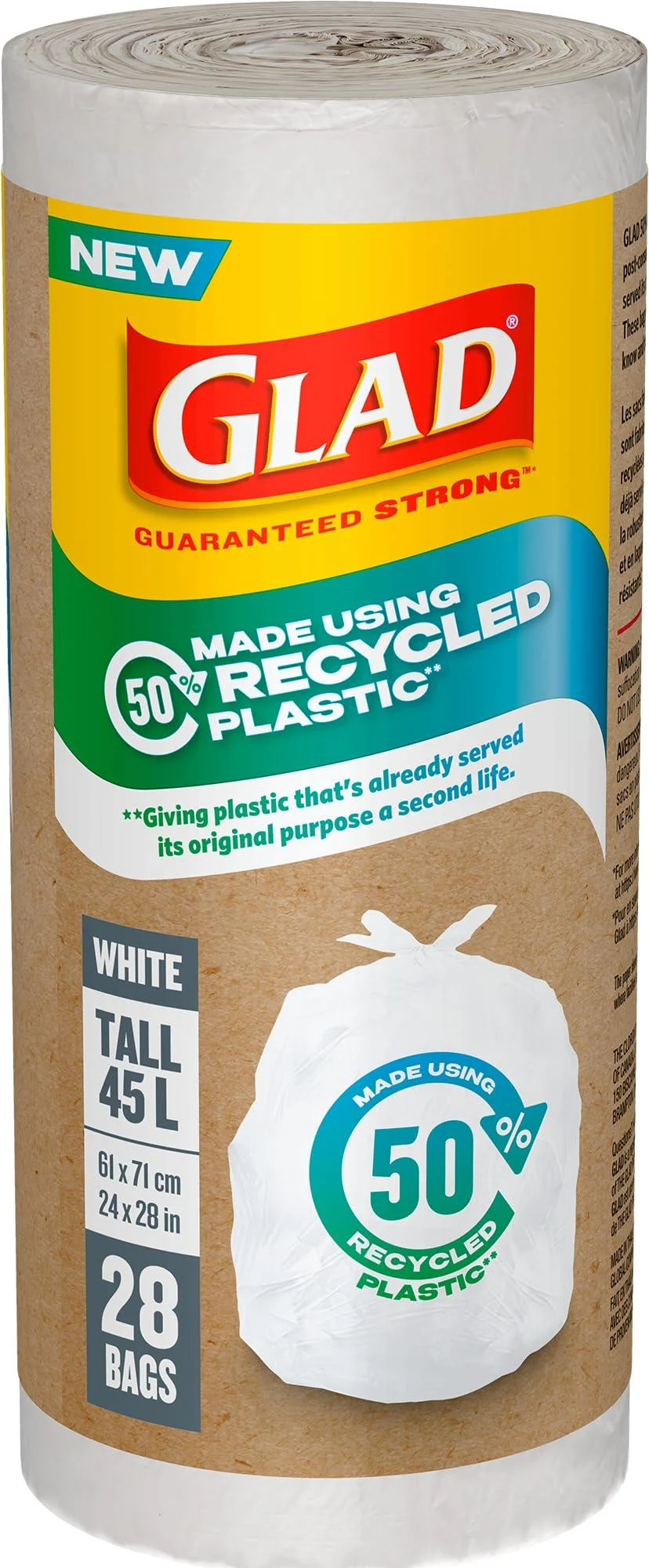 Glad White Garbage Bags - Tall 45 Litres - Made using 50% Recycled Plastic 28 Trash Bags