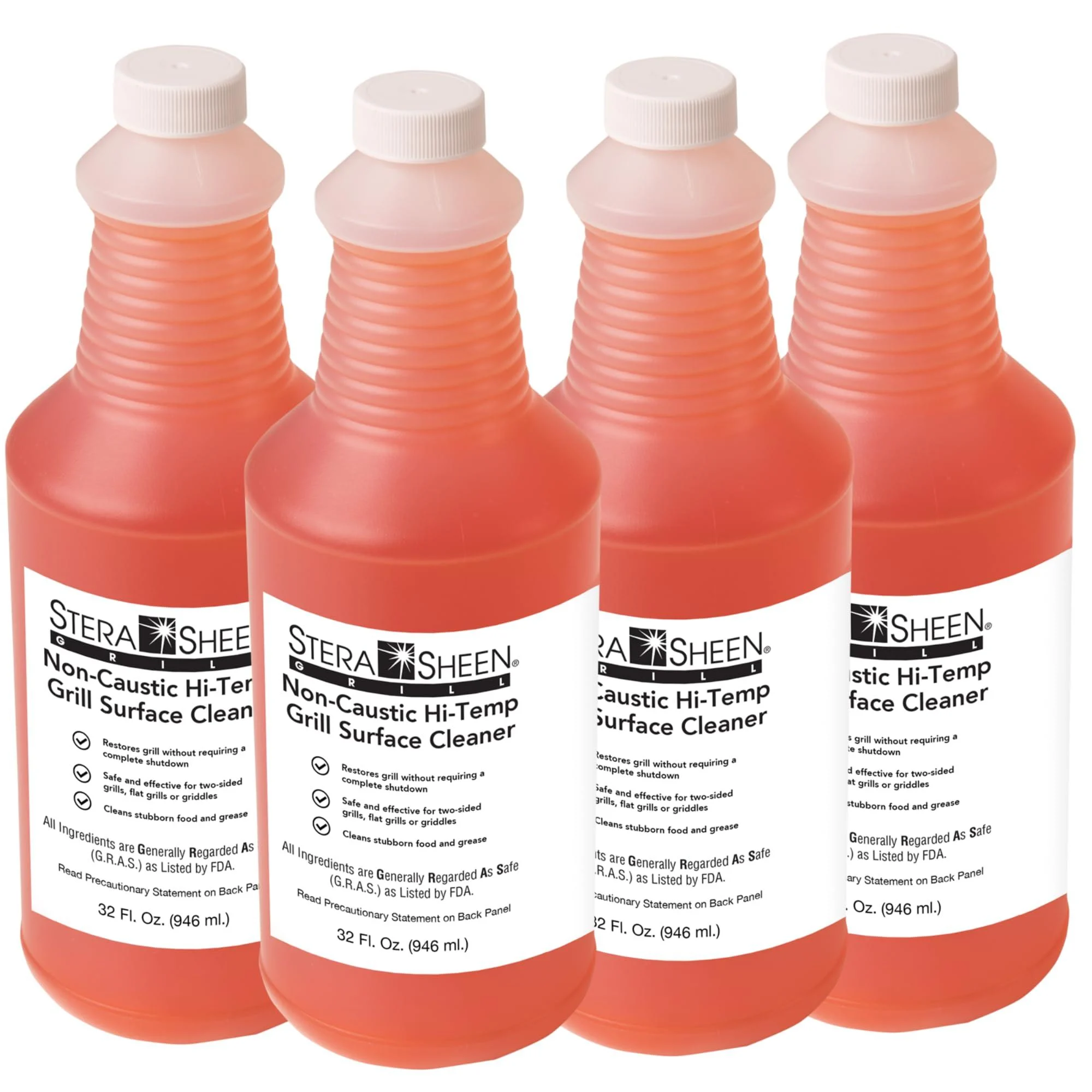 Grill Cleaner - Food Safe Non-Caustic Formula - Restaurant & Cafe Quality Cleaner for Flat Top Grills and Griddles - Remove Tough Encrusted Grease - 32 fl oz Bottle (4 count)