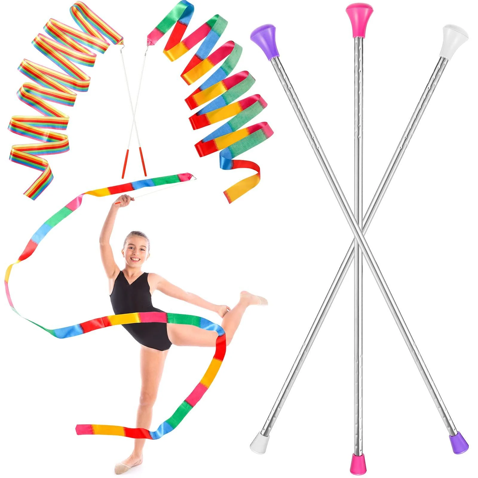 HyDren Dance Ribbons Colorful Rainbow Streamers Ribbon Dancer Wand Stainless Steel Twirling Baton Rhythmic Gymnastics Conducting Batons for Dancing Band Gymnastic 21 Inch