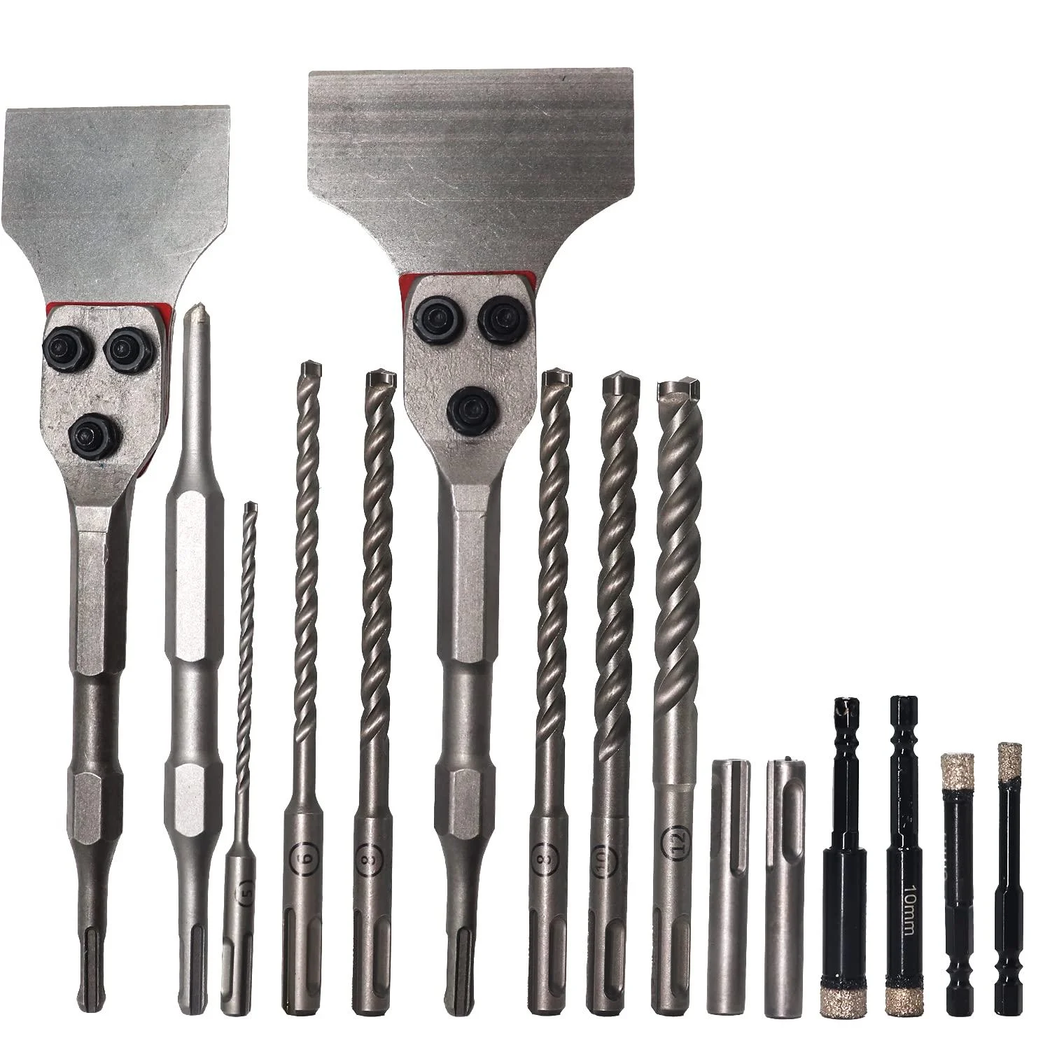 DEHUIWI 17Pcs SDS Plus Rotary Hammer Drill Bits Masonry Chisels Set Floor Scraper Triangular Drill Bits Alloy Chisel Shovel Knife Adapter with Strong Case New17pcs