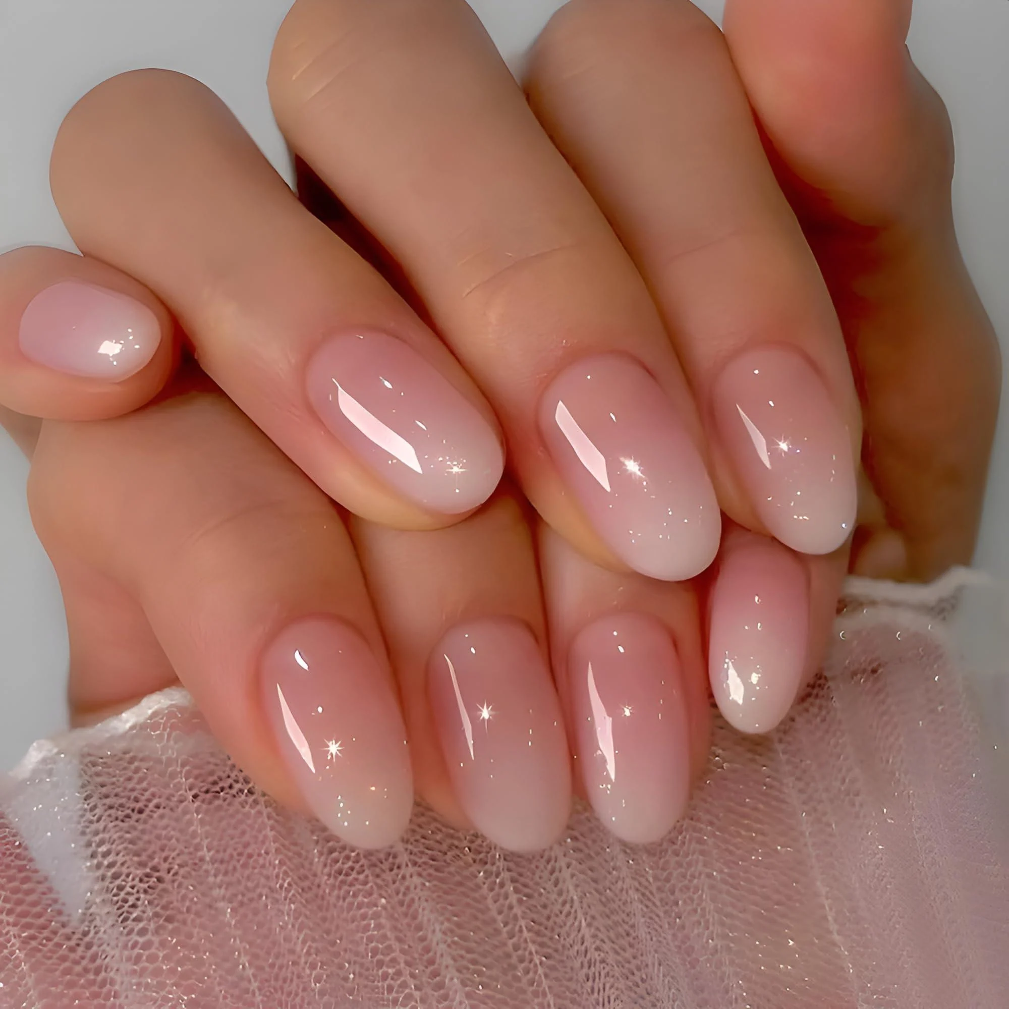 French Press on Nails Medium Oval Fake Nails Pink Gradient False Nails Press ons with Designs Glossy Full Cover Glue on Nails Acrylic Stick on Nails for Women Nails Manicure Decoration 24Pcs Almond Style-1