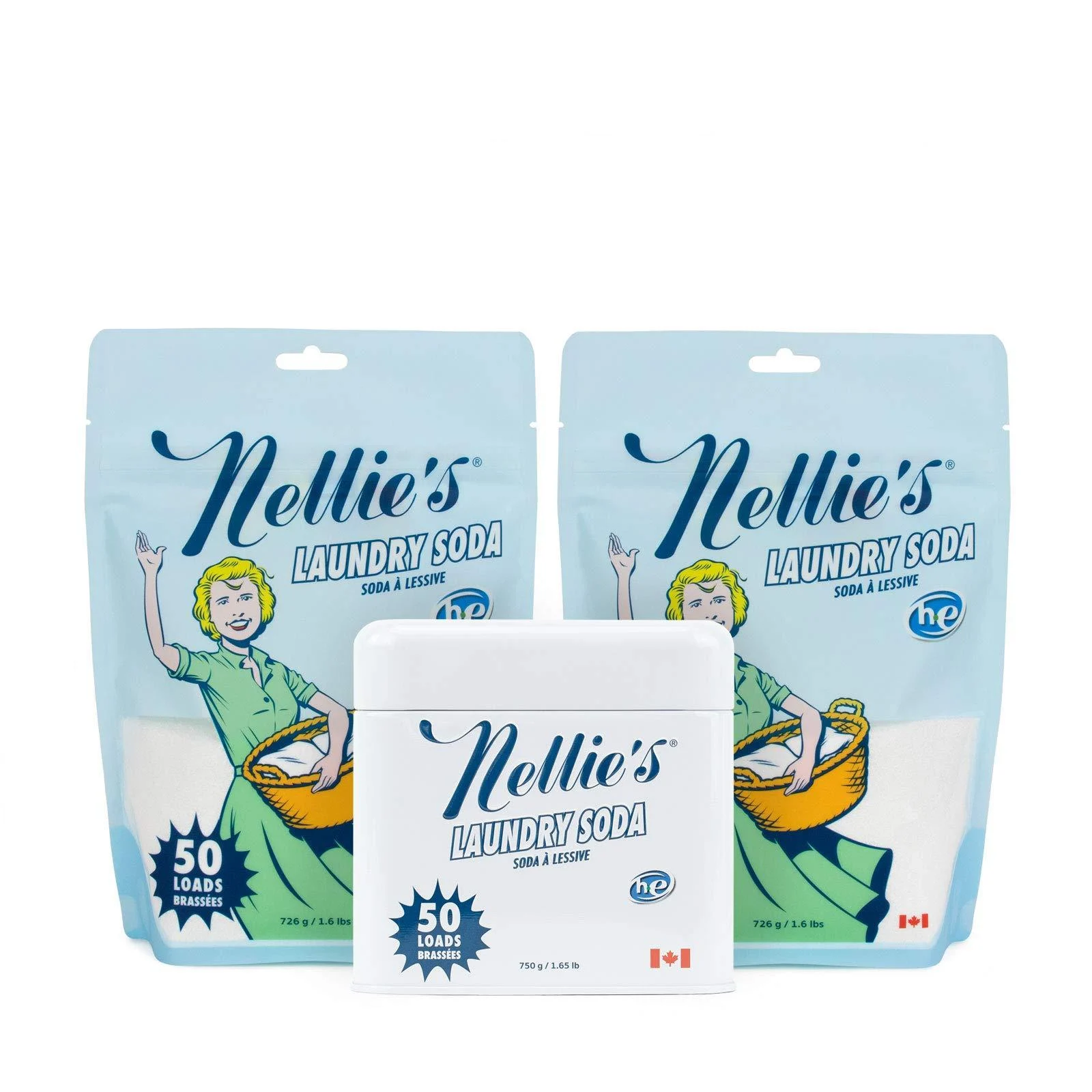 Nellie's 50 Load Laundry Soda Tin with Two Nellie's 50 Load Laundry Soda Refill Pouches