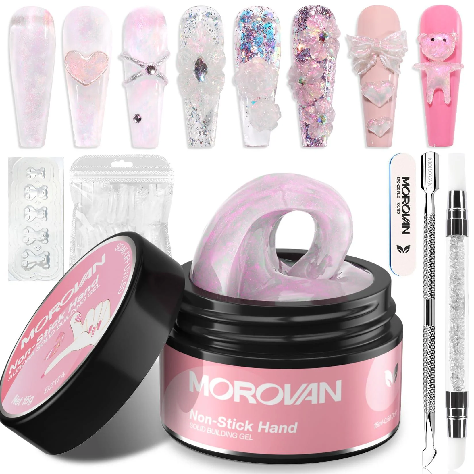Morovan Solid Builder Gel for Nails: 30ML Aurora Pink Solid Nail Gel Glue Non-Sticky Hand Solid Nail Building Gel Clear Hard Gel for Nails 3D Sculpting Solid Gel Builder for Beginner