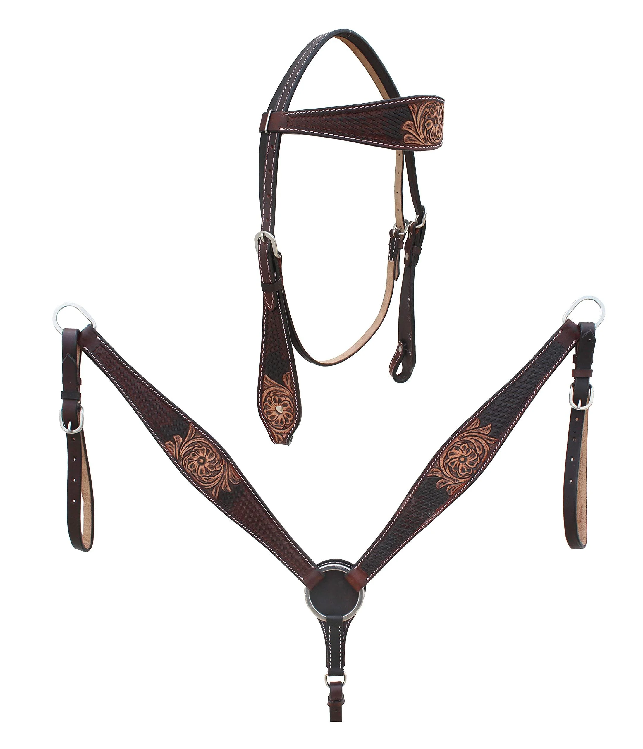 CHALLENGER Horse Western Leather Tooled Headstall Bridle Breast Collar Tack Set 78HR Flower Antique Brown Browband Full Horse Size