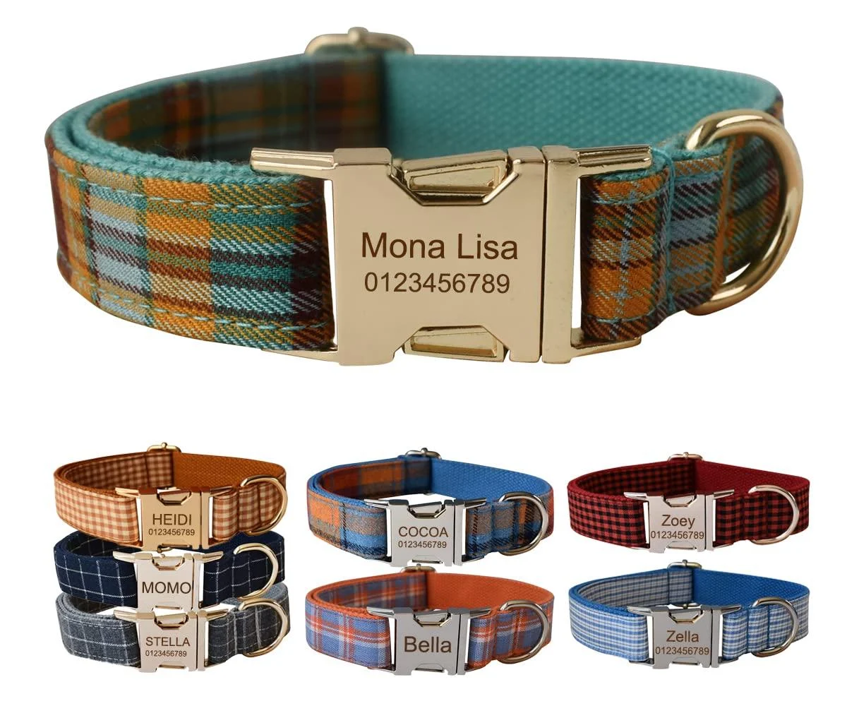 Personalised Dog Collar with Metal Buckle Customized Pet Collars with Name Phone Number Address Engraved Plaid - CHUTRU