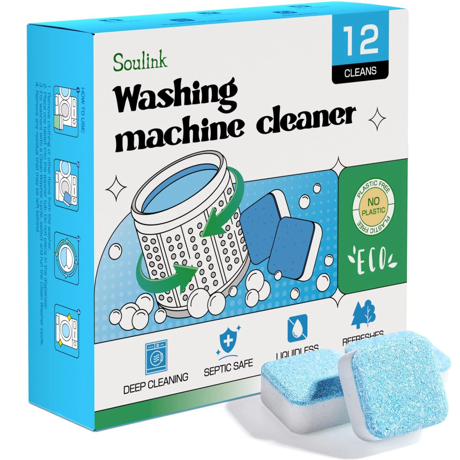 Soulink Washing Machine Cleaner with Odor Blasters 12 Count - Deep Cleaning Tablets For HE Front Loader & Top Load Washer