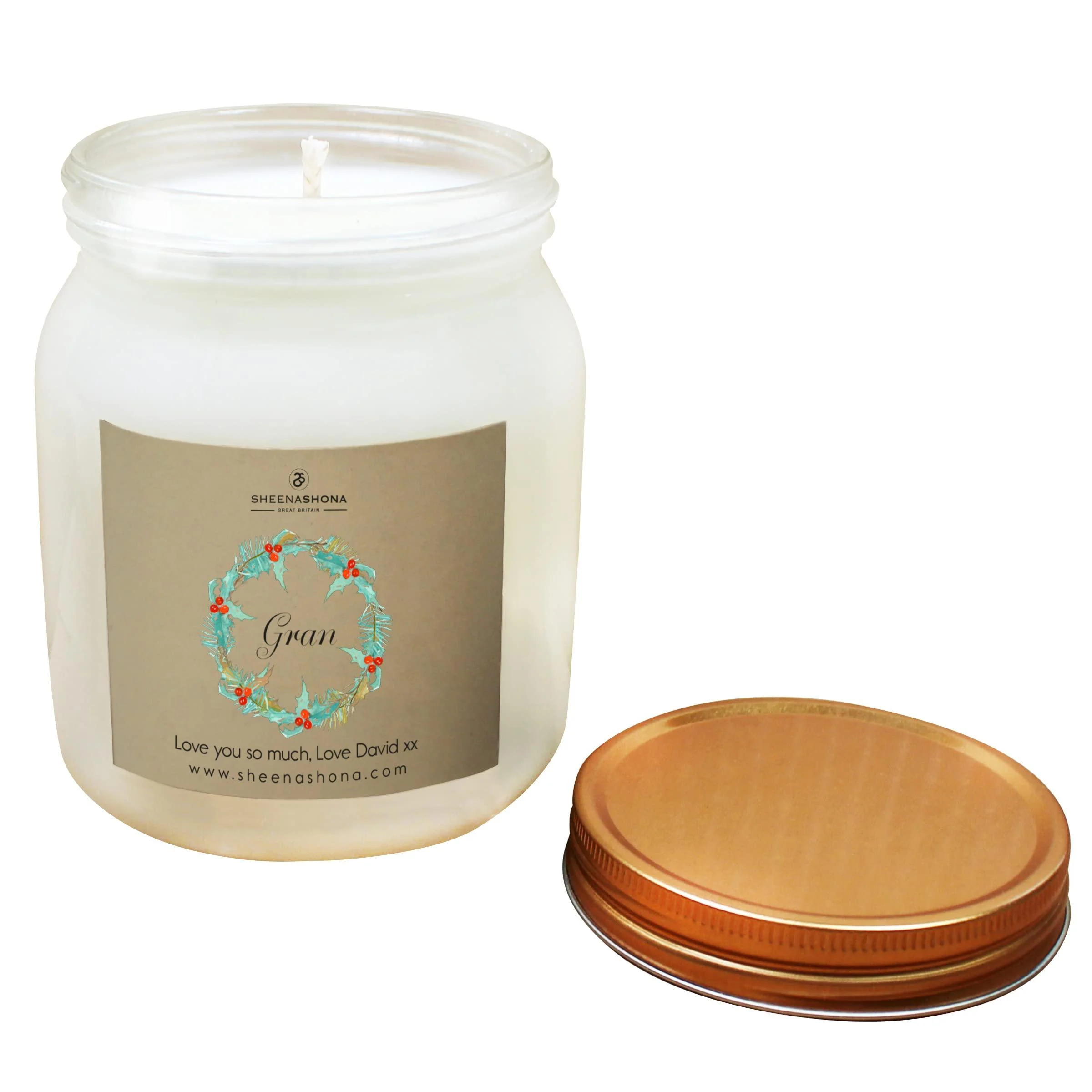 Christmas Personalised Gran SOYA Wax Large Honey Jar Candle (Spiced Cinnamon & Apple) - Sheenashona