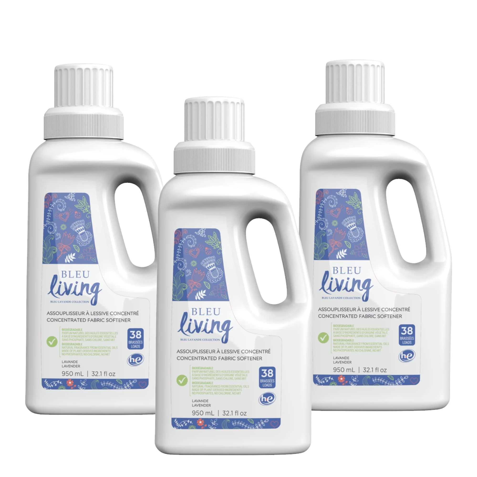 Bleu Lavande - 3-Pack Natural Fabric Softener Concentrated Lavender Liquid Softener - Biodegradable, Eco-friendly, Hypoallergenic - Chloride & Phosphate-free - Aromatherapy - (38 loads-950 ml)x3