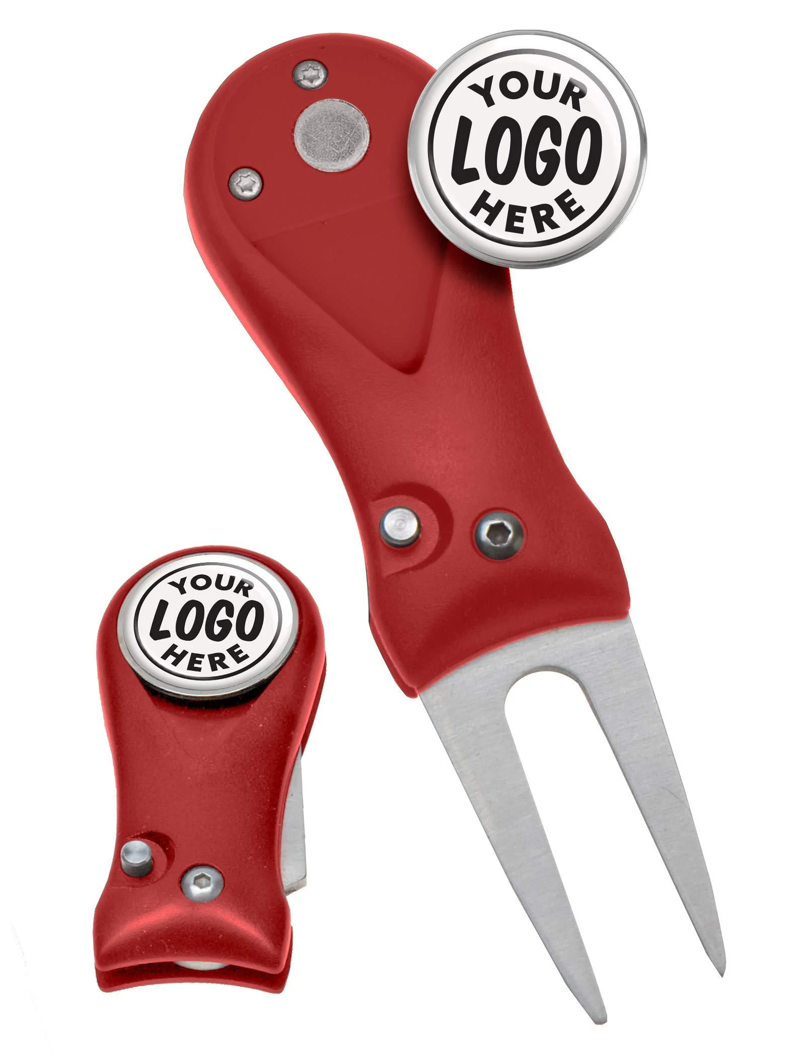 Clip Wipes Golf Divot Tool Custom Logo | Switchblade Style | (5) 1" Logo Ball Marker | Personalized Red
