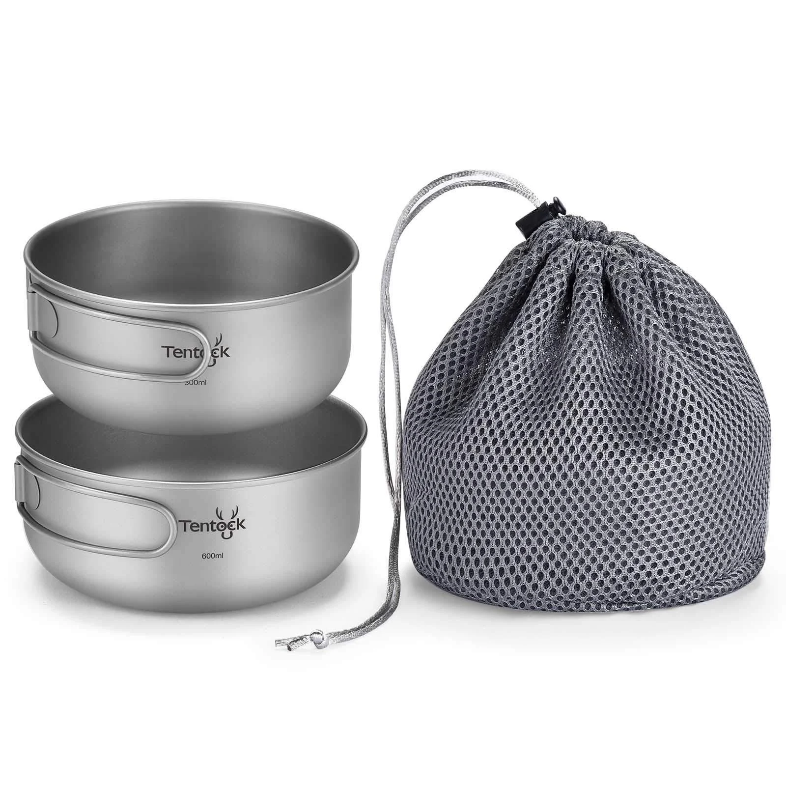 Tentock Titanium Bowls Set 500ml+600ml Ultralight Camping Cookware Outdoor Utensils with Folding Handle