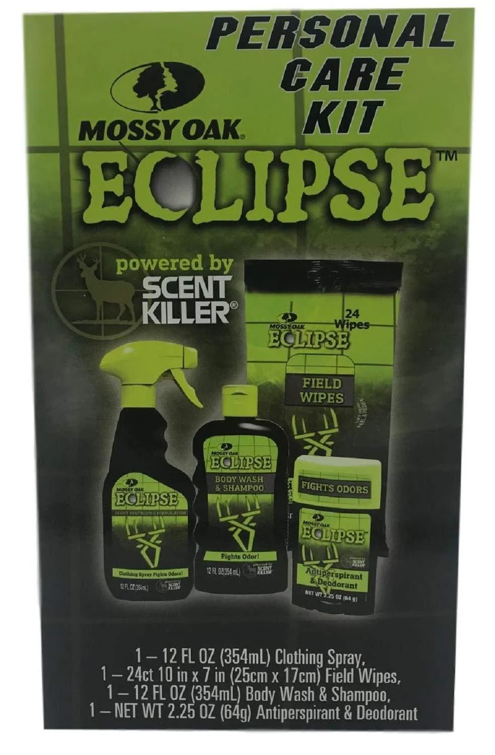 Wildlife Powered by Scent Killer Eclipse Personal Care Kit- Clothing Spray, Body Wash & Shampoo, Antiperspirant & Deodorant, Field Wipes