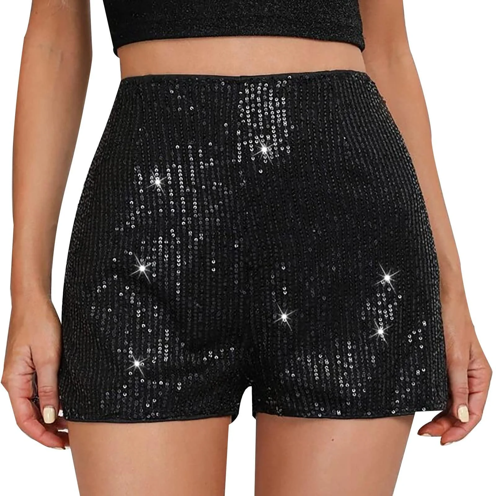 Duohropke women metallic hot pants sequins glitter shorts with high waist sexy short pants shorts for dance sport disco costume carnival carnival m black